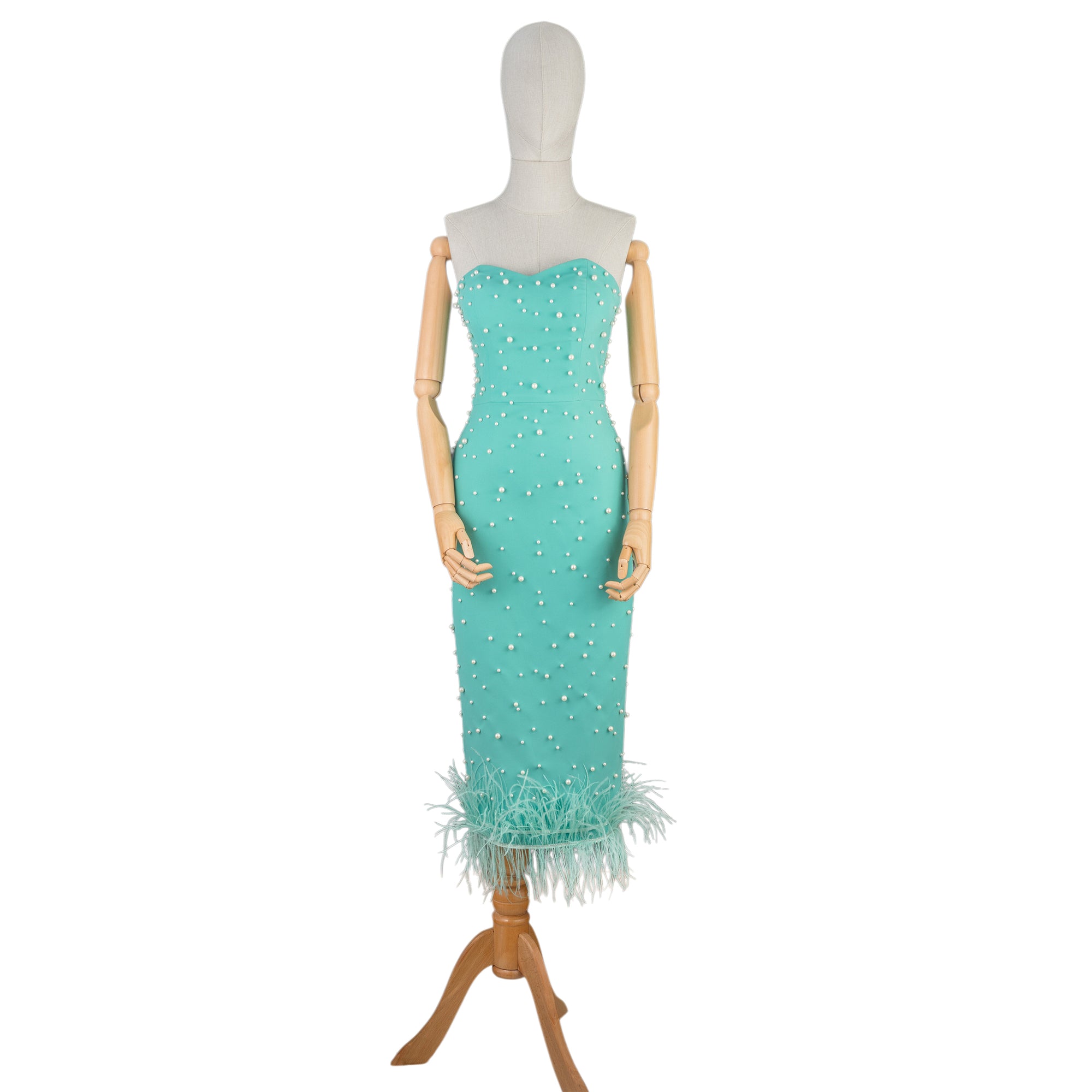 Mint Strapless Midi Dress with Pearls and Feather Hem
