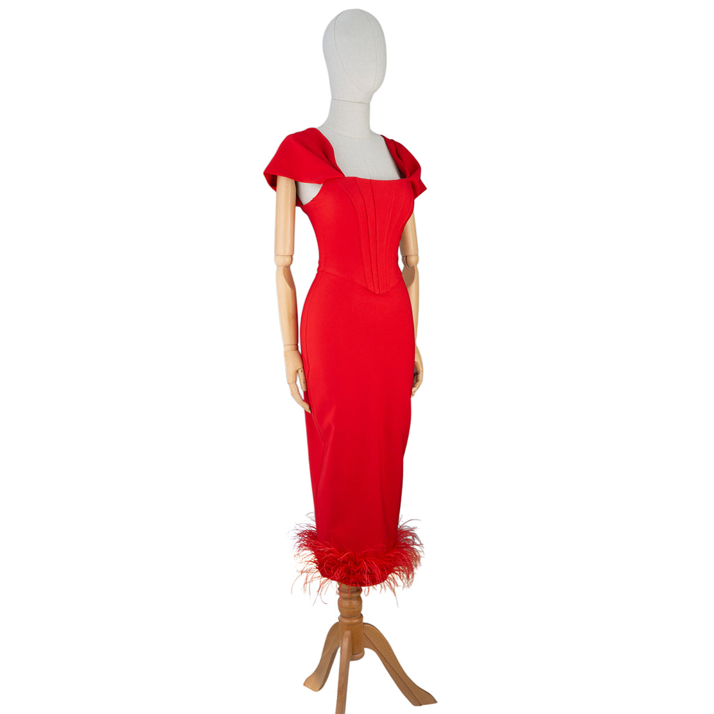 Red Feather Hem Bodycon Dress with Flutter Sleeves