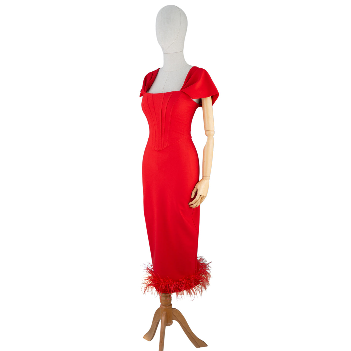 Red Feather Hem Bodycon Dress with Flutter Sleeves