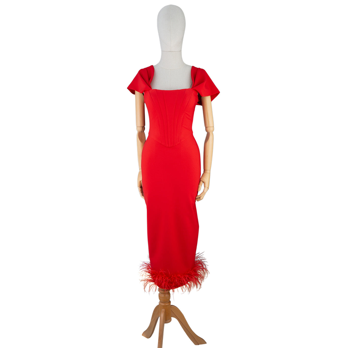 Red Feather Hem Bodycon Dress with Flutter Sleeves