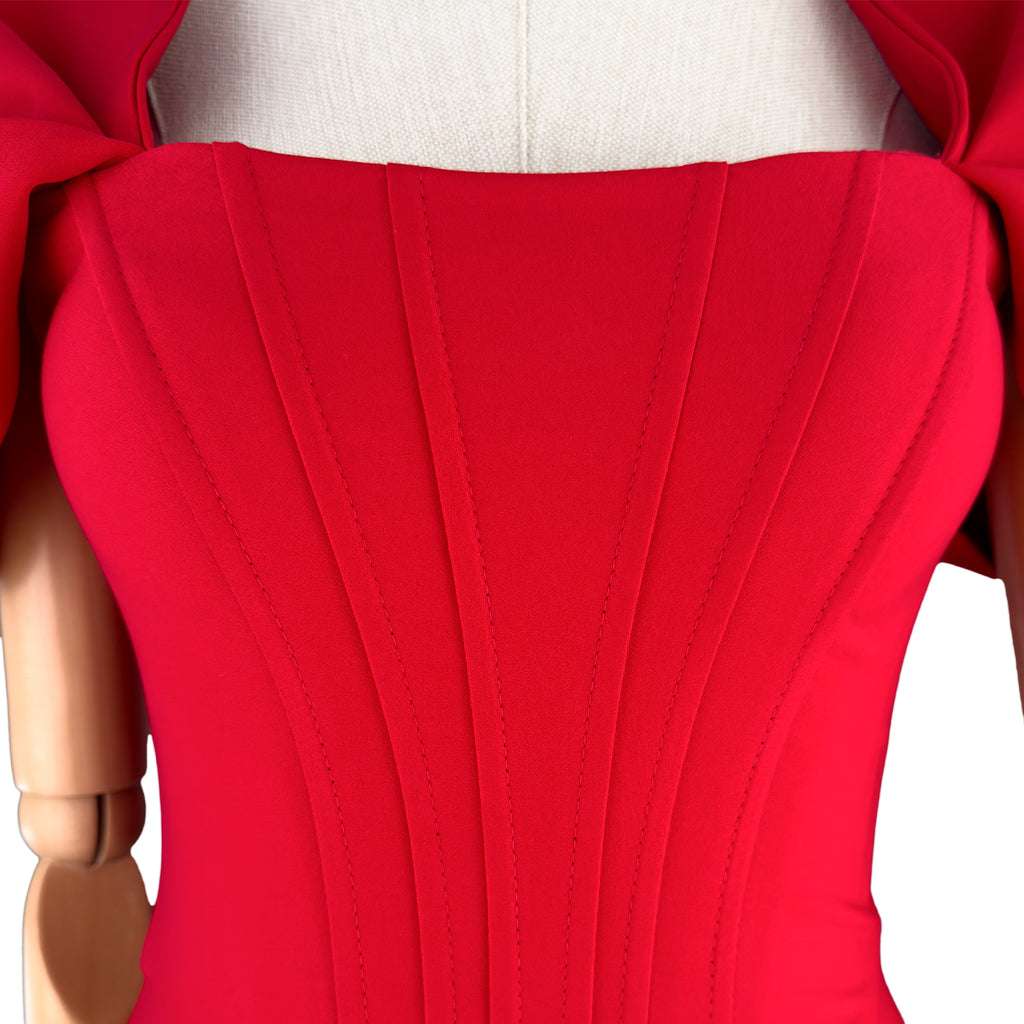 Red Feather Hem Bodycon Dress with Flutter Sleeves