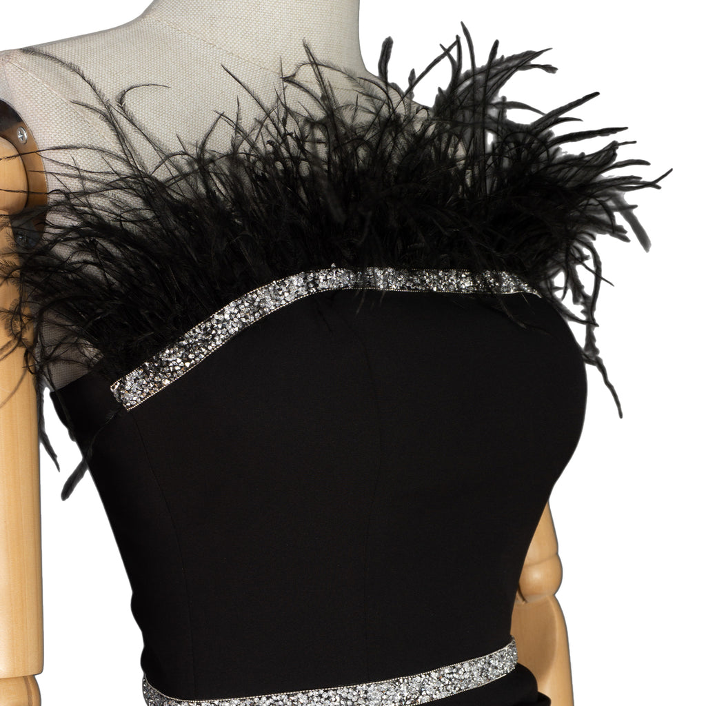 Elegant Black Feather Dress with Rhinestones — Glamorous Evening Gown