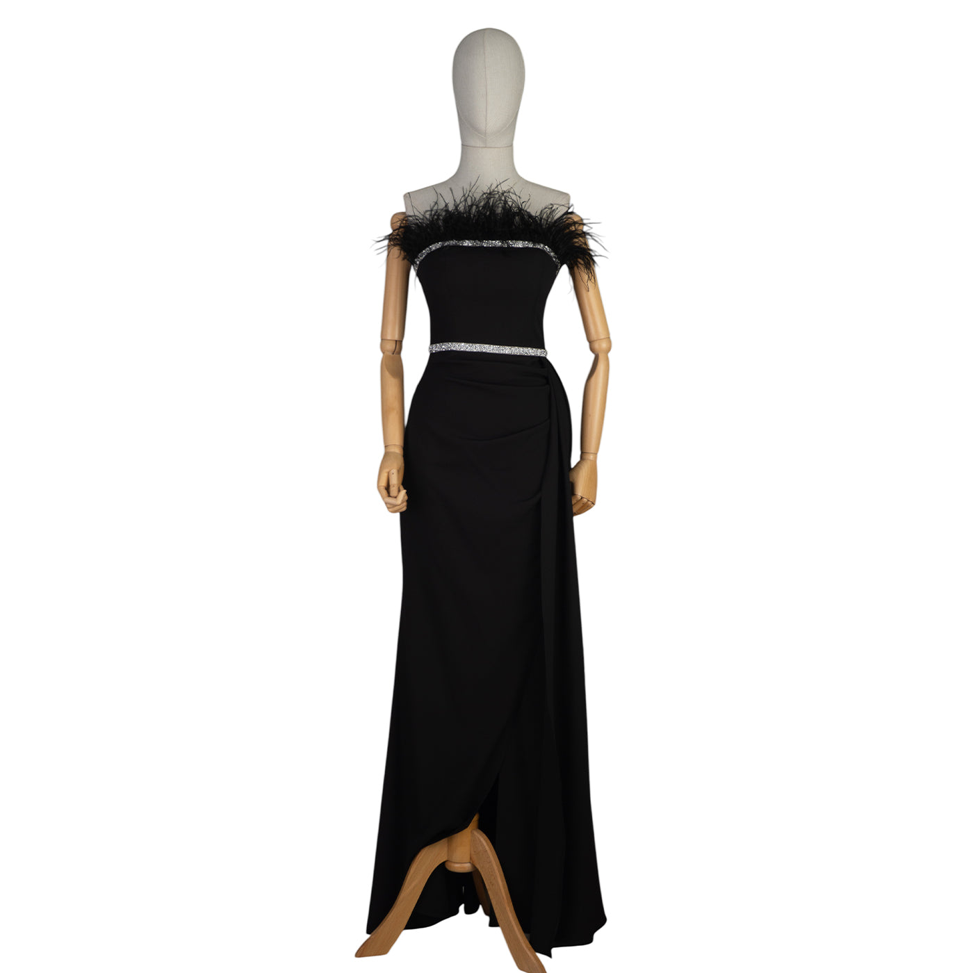 Elegant Black Feather Dress with Rhinestones — Glamorous Evening Gown
