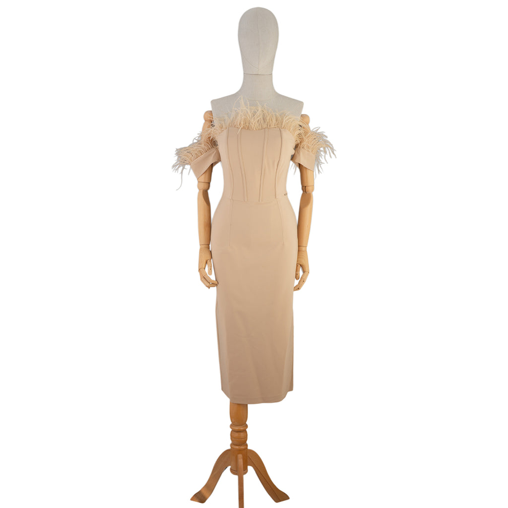 Beige Off-Shoulder Midi Dress with Feather Trim