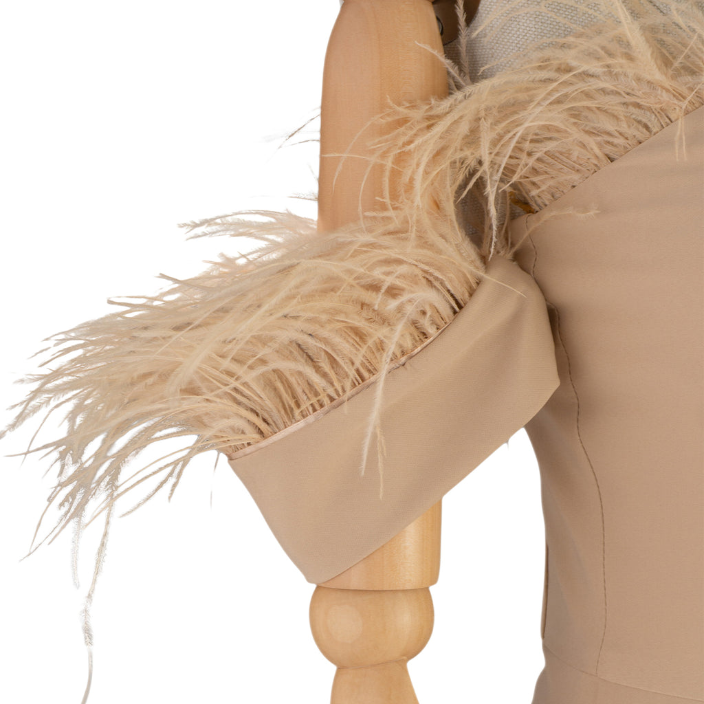 Beige Off-Shoulder Midi Dress with Feather Trim