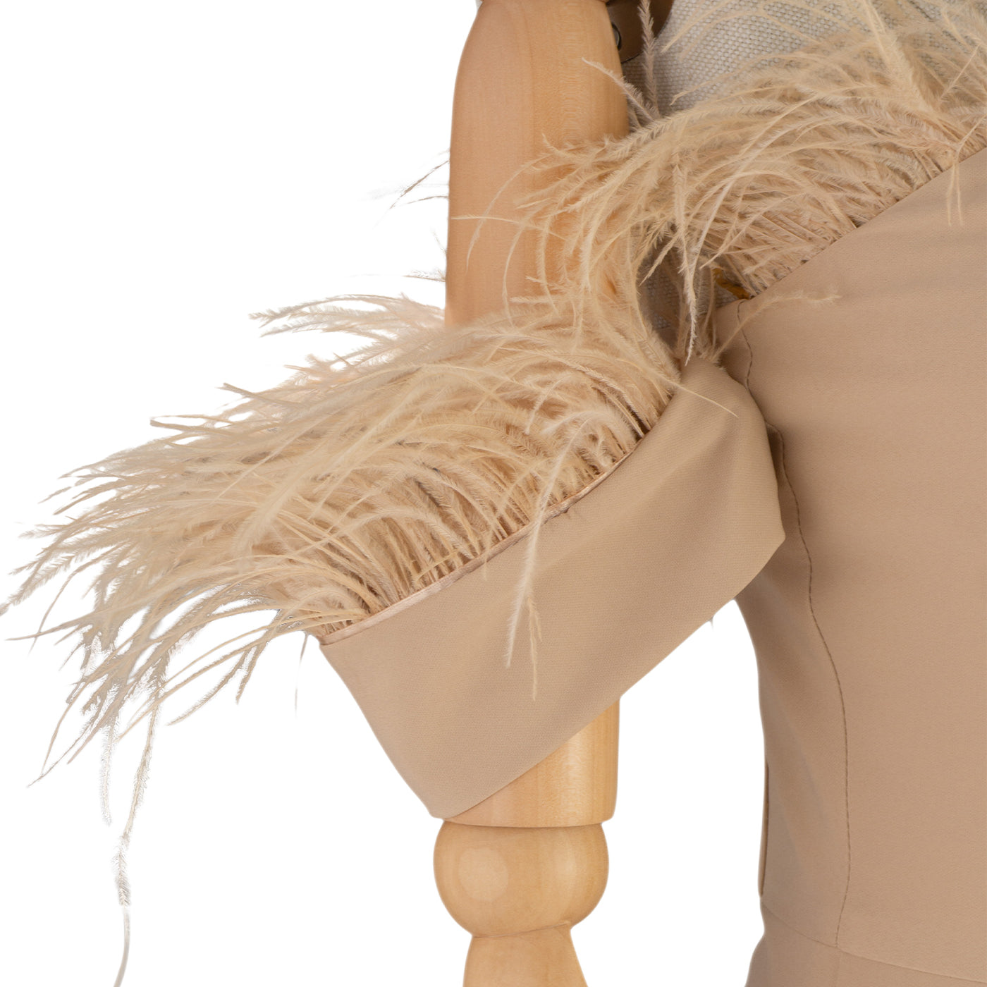 Beige Off-Shoulder Midi Dress with Feather Trim