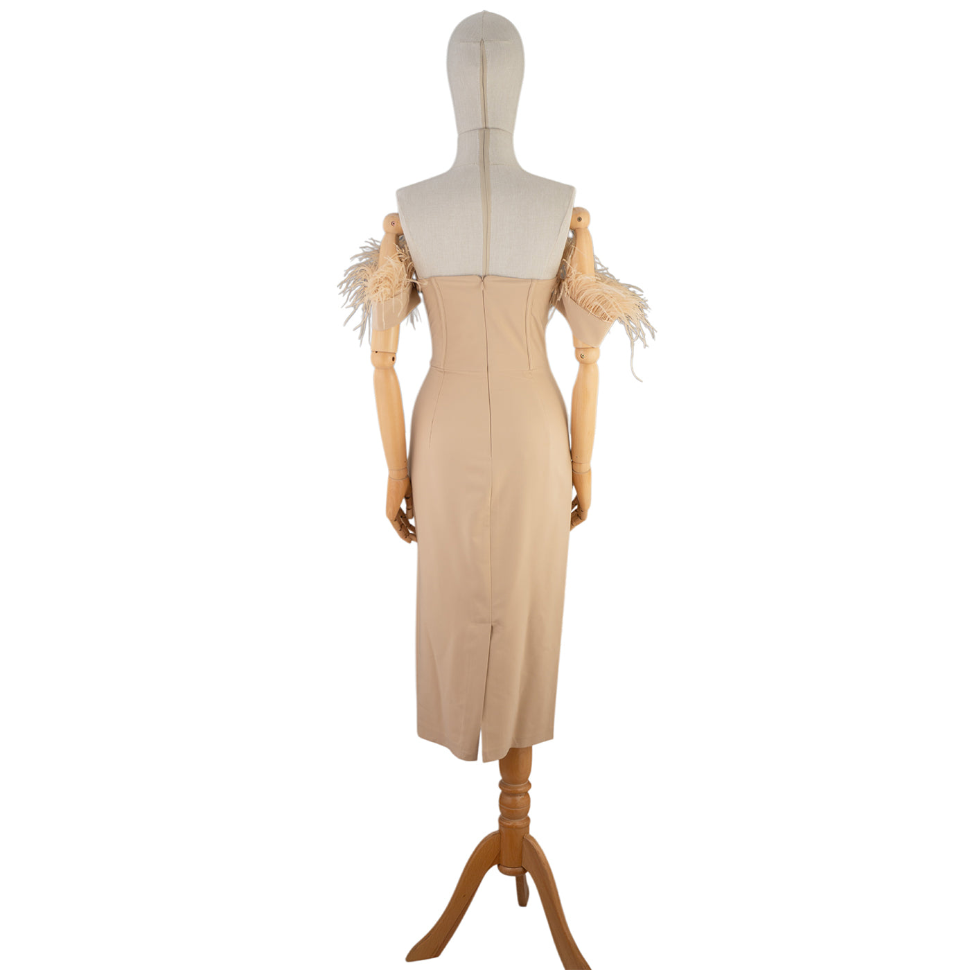 Beige Off-Shoulder Midi Dress with Feather Trim