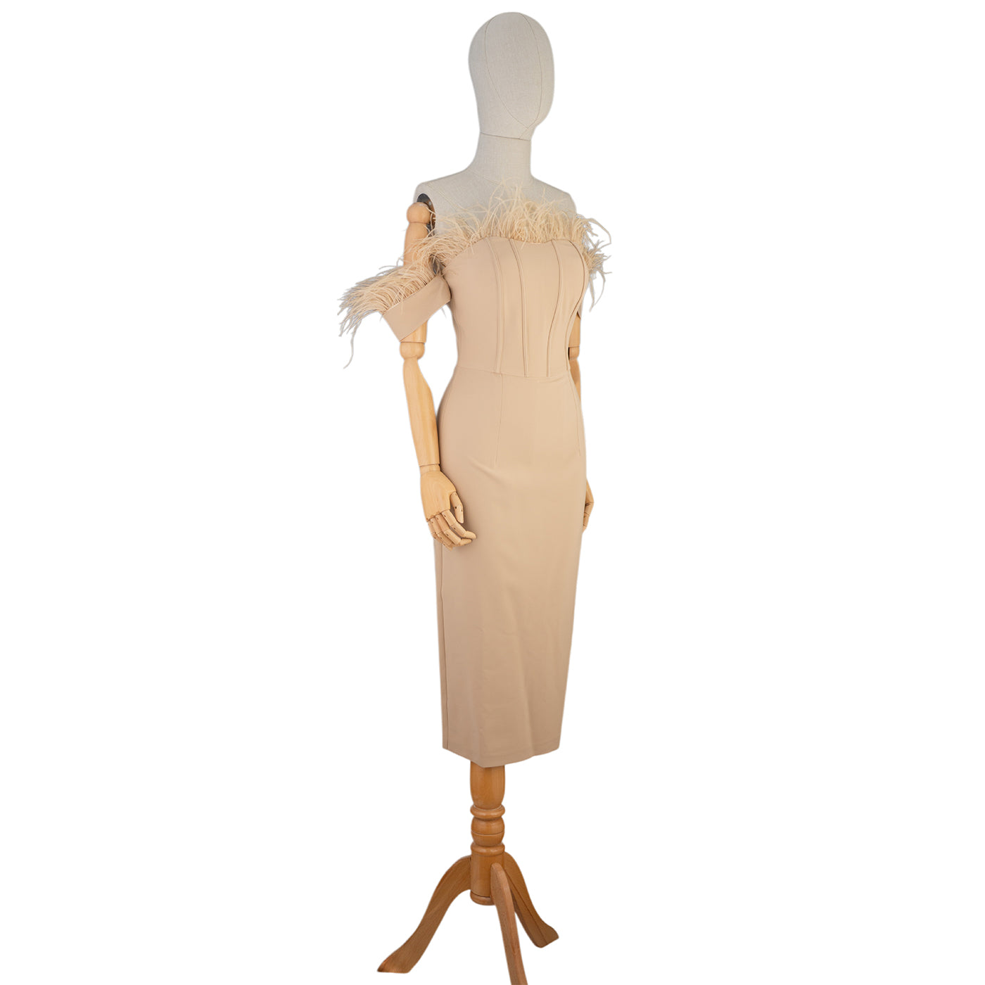 Beige Off-Shoulder Midi Dress with Feather Trim