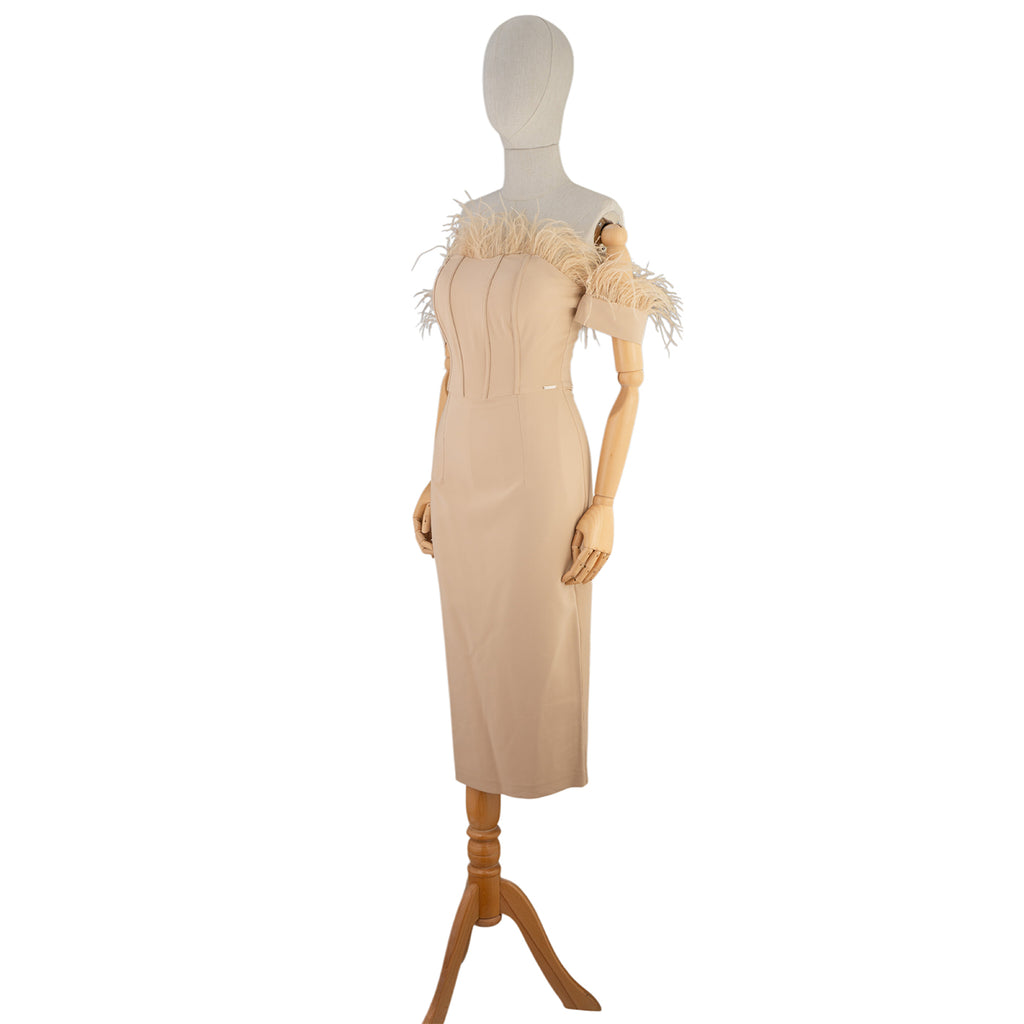 Beige Off-Shoulder Midi Dress with Feather Trim