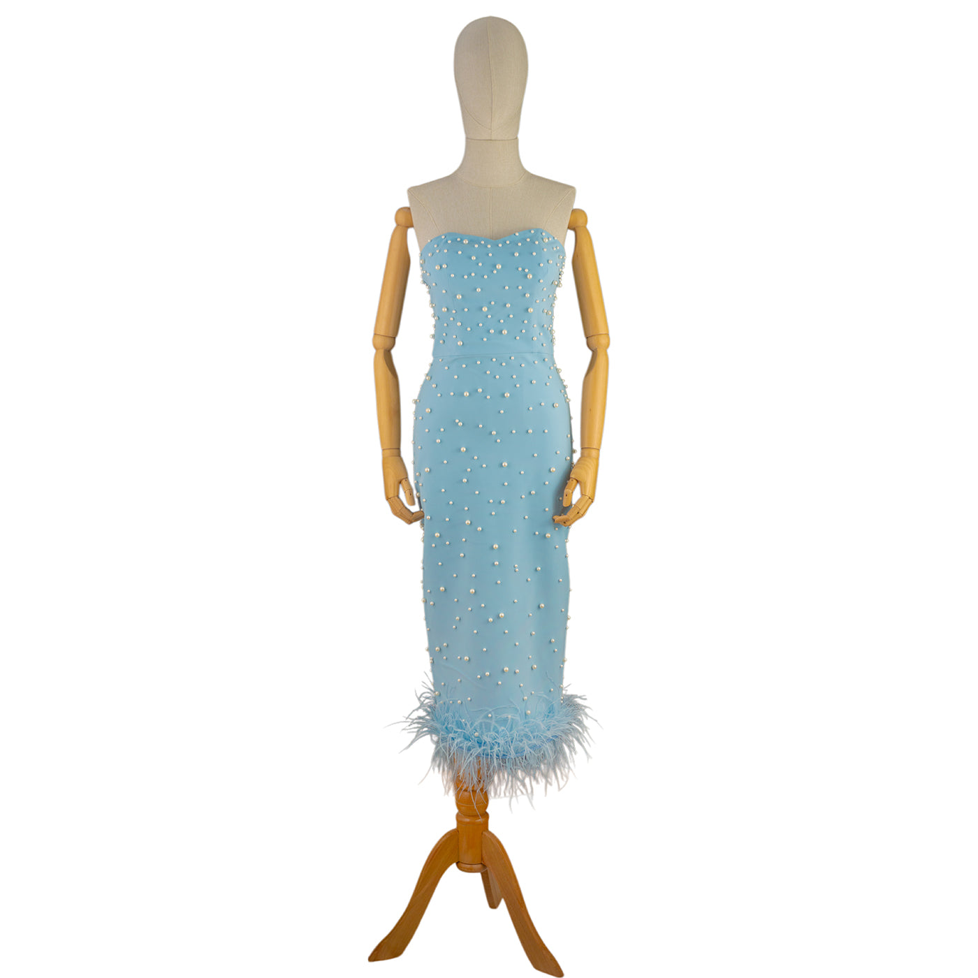 Sky Blue Strapless Midi Dress with Pearls and Feathers