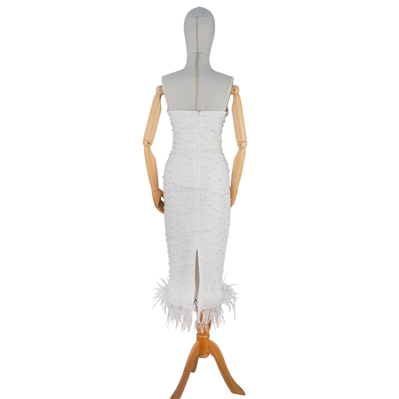 White Strapless Midi Dress with Pearls and Feather Hem