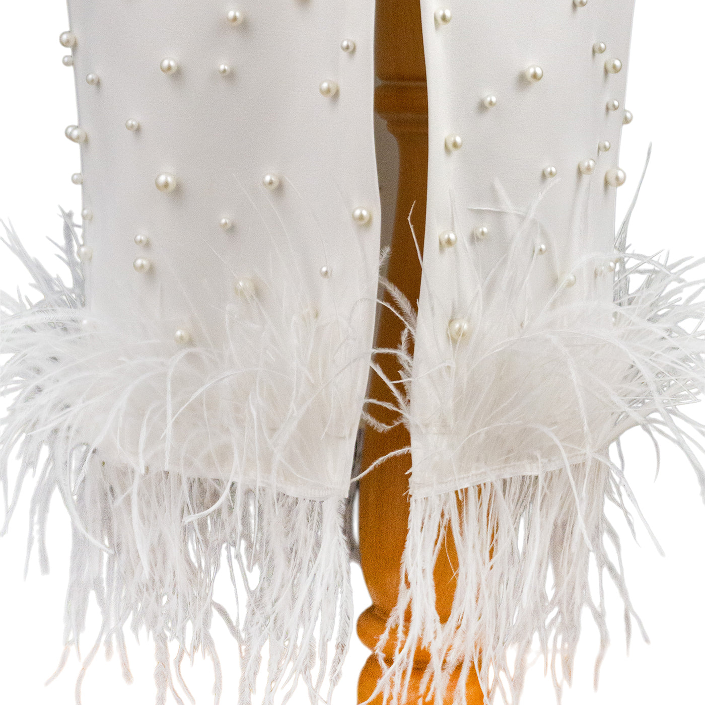 White Strapless Midi Dress with Pearls and Feather Hem