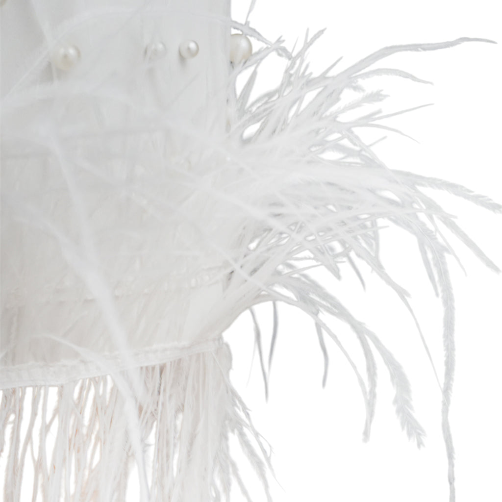 White Strapless Midi Dress with Pearls and Feather Hem