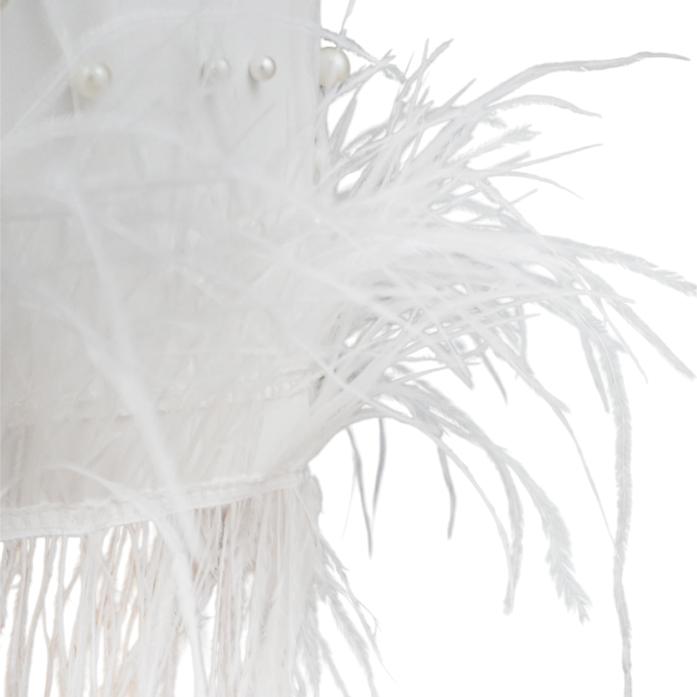 White Strapless Midi Dress with Pearls and Feather Hem