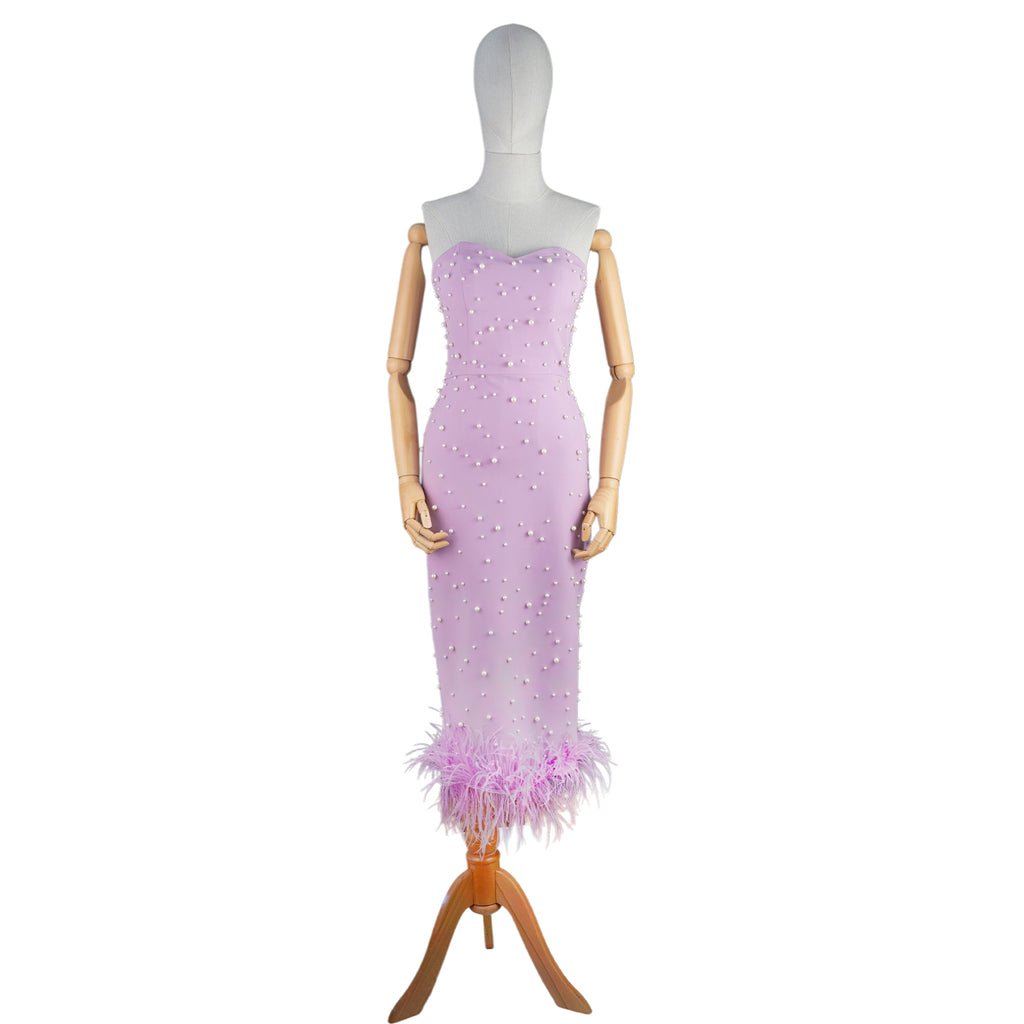 Lilac Strapless Midi Dress with Pearls and Feather Hem