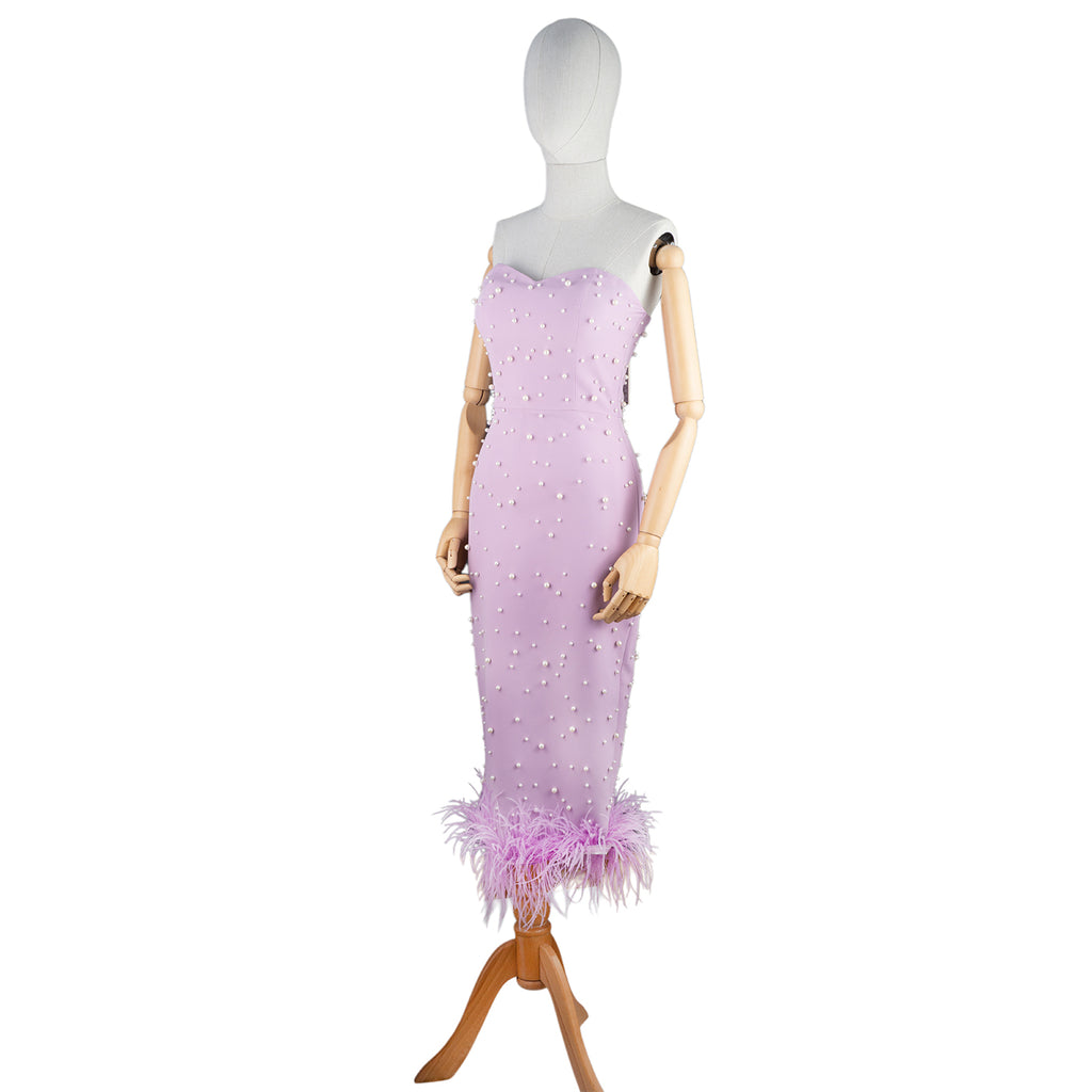 Lilac Strapless Midi Dress with Pearls and Feather Hem