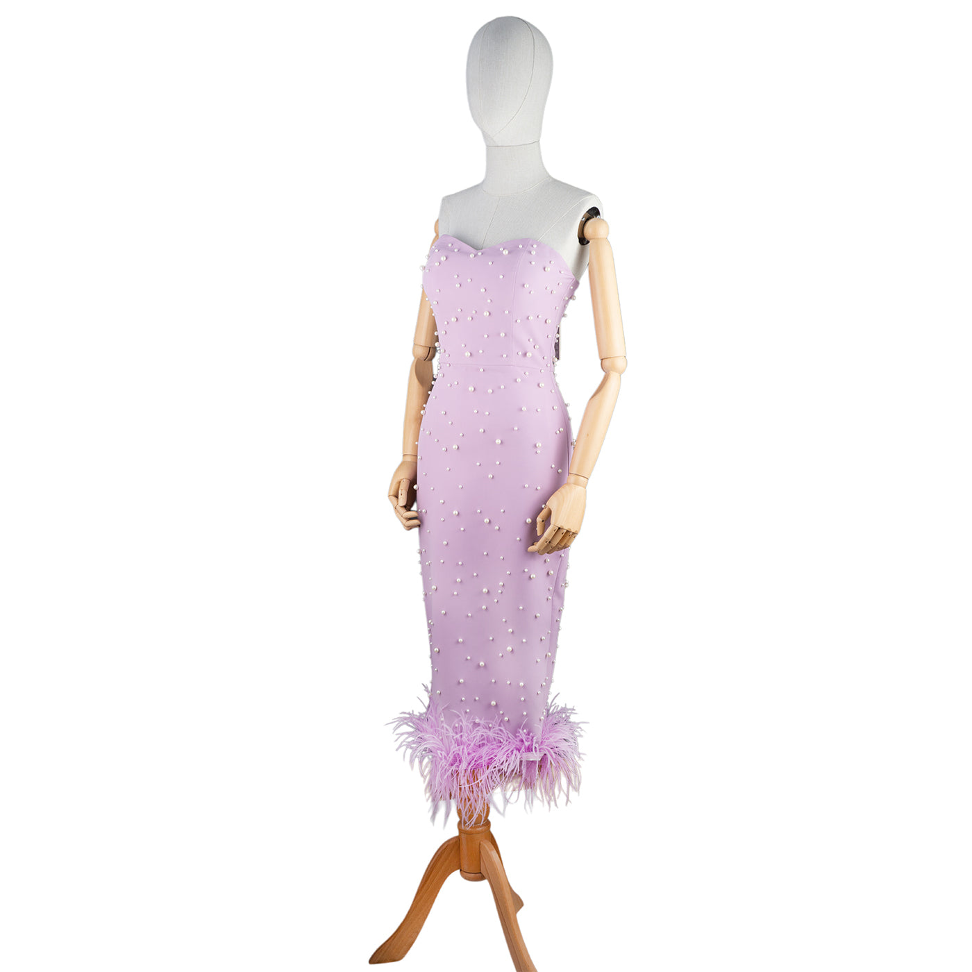 Lilac Strapless Midi Dress with Pearls and Feather Hem