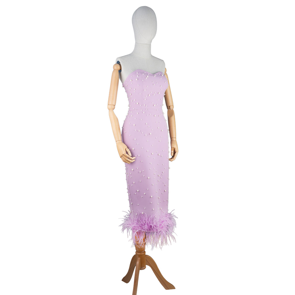 Lilac Strapless Midi Dress with Pearls and Feather Hem
