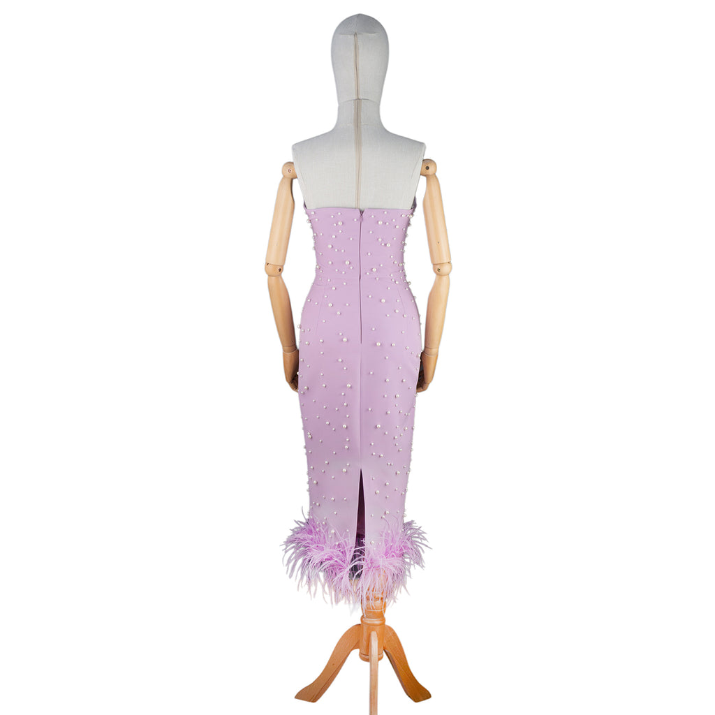 Lilac Strapless Midi Dress with Pearls and Feather Hem