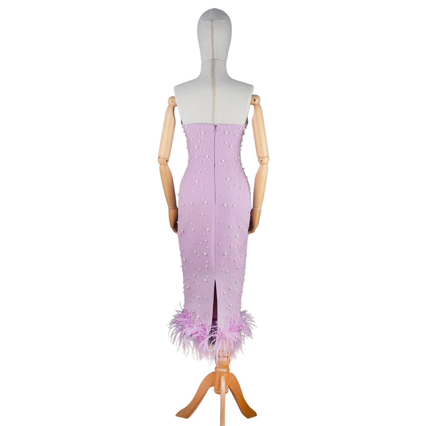 Lilac Strapless Midi Dress with Pearls and Feather Hem