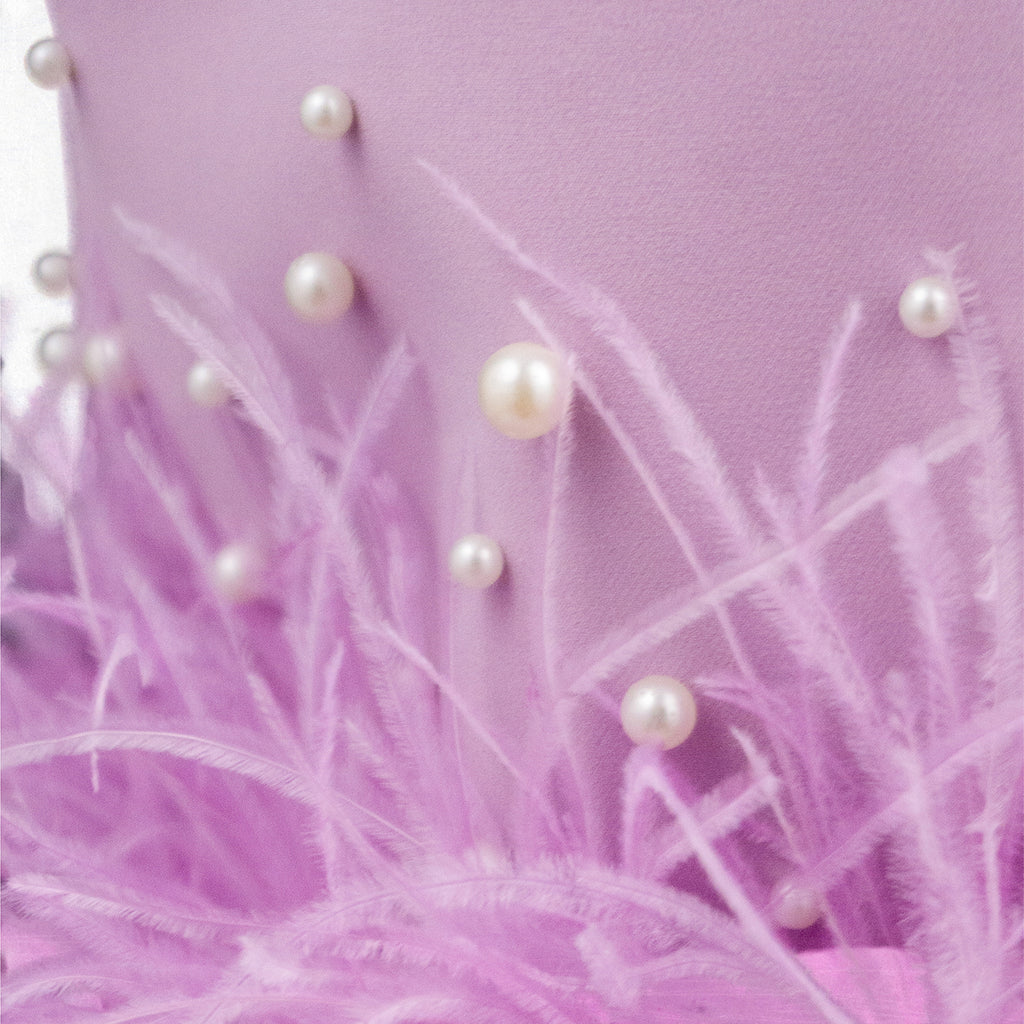 Lilac Strapless Midi Dress with Pearls and Feather Hem