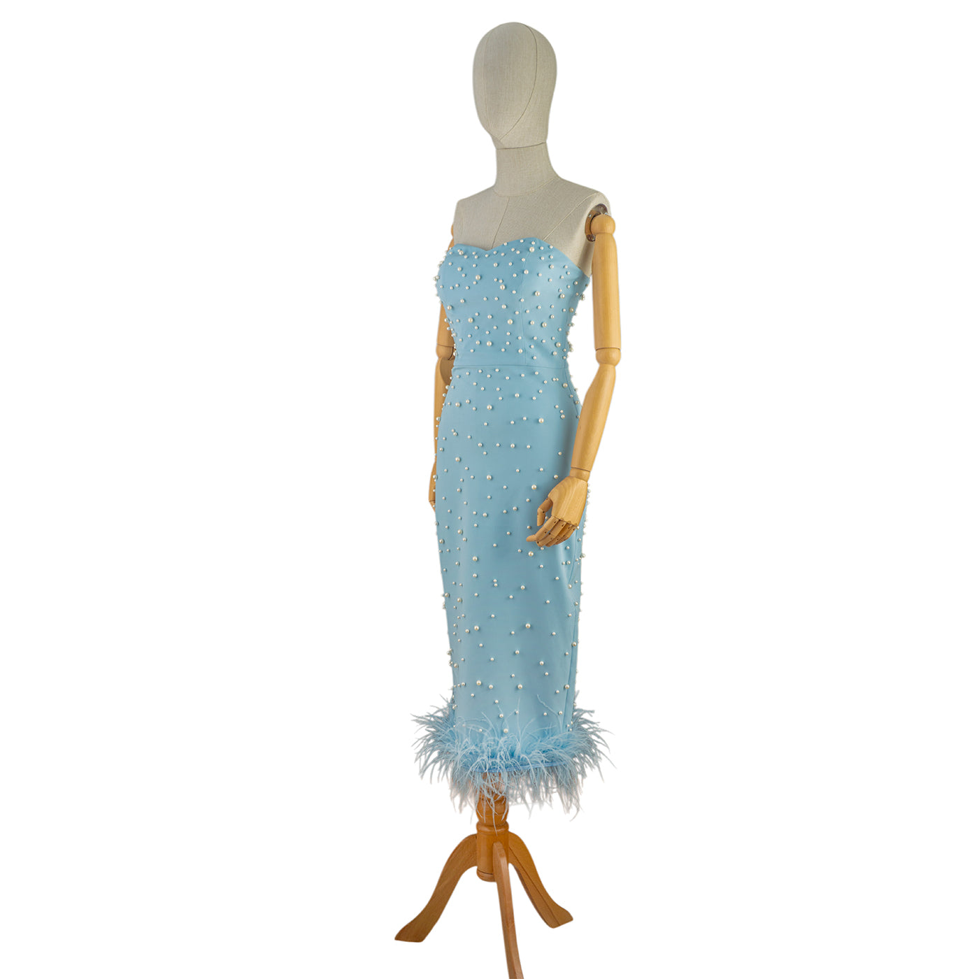 Sky Blue Strapless Midi Dress with Pearls and Feathers