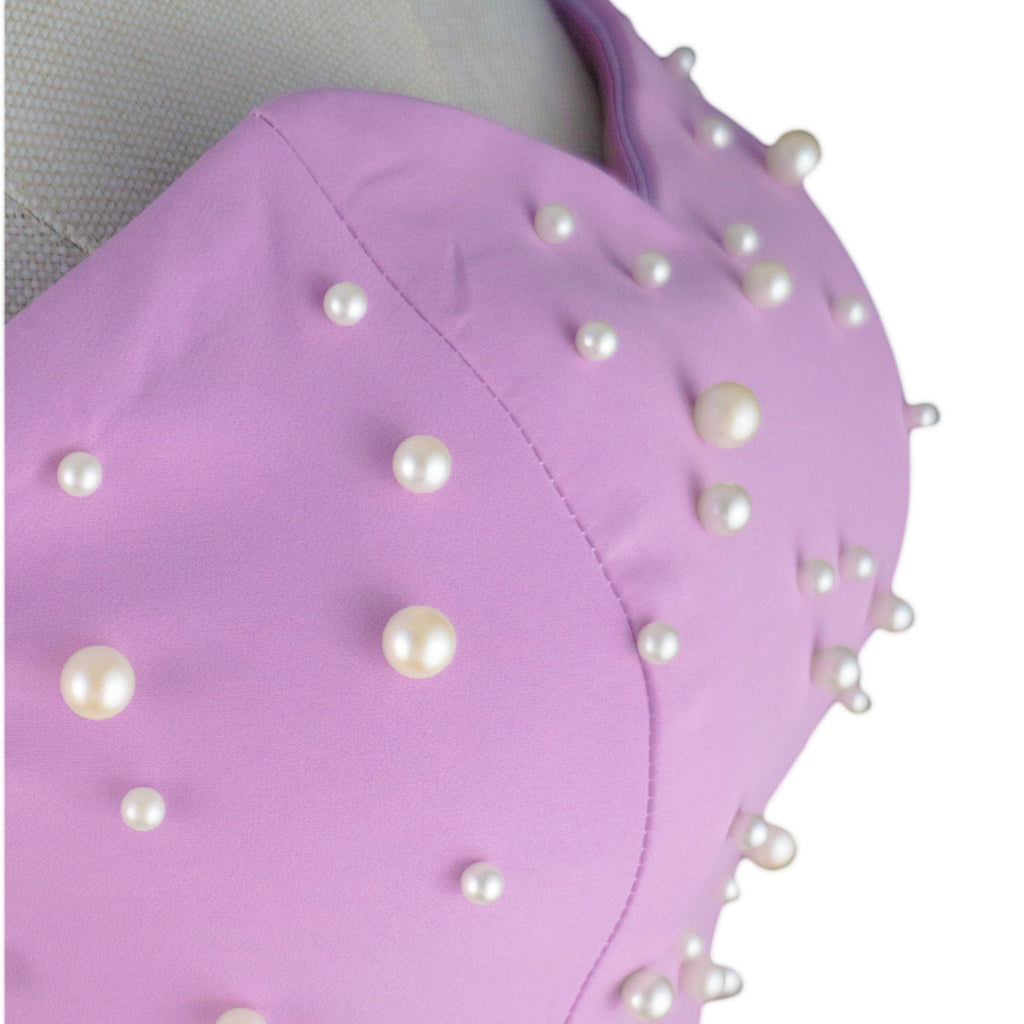 Lilac Strapless Midi Dress with Pearls and Feather Hem