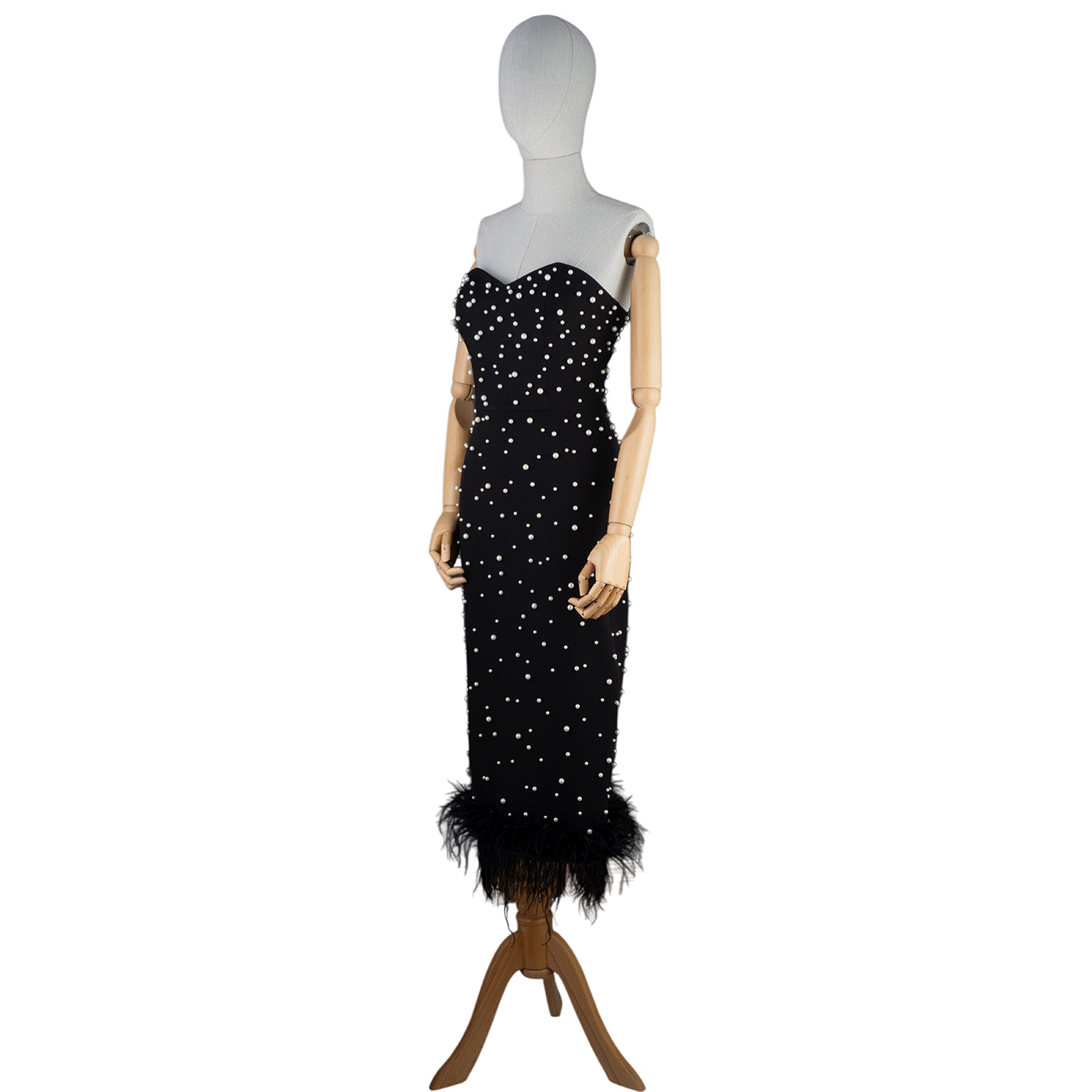 Black Strapless Midi Dress with Pearls and Feather Trim