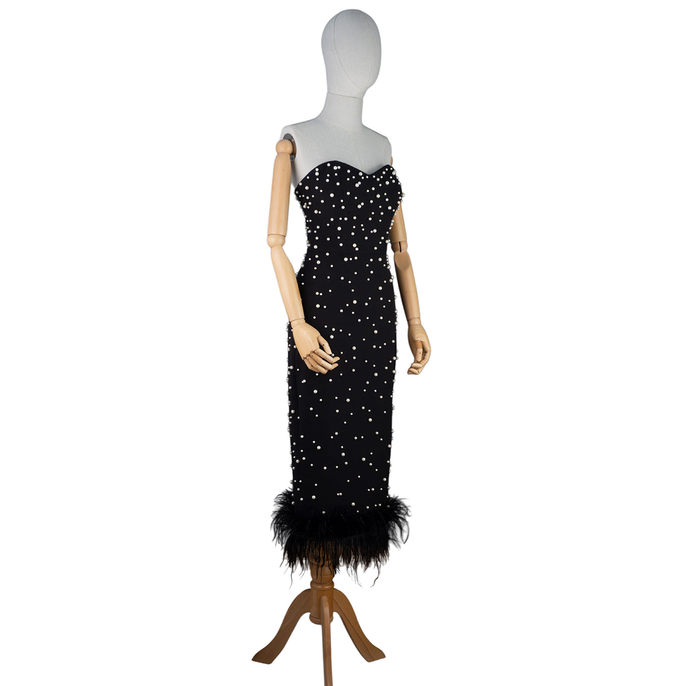 Black Strapless Midi Dress with Pearls and Feather Trim