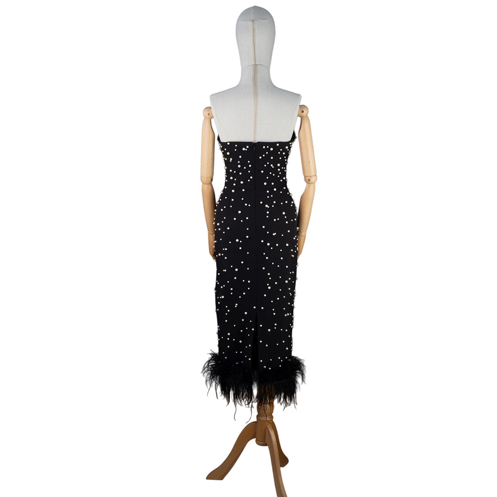 Black Strapless Midi Dress with Pearls and Feather Trim