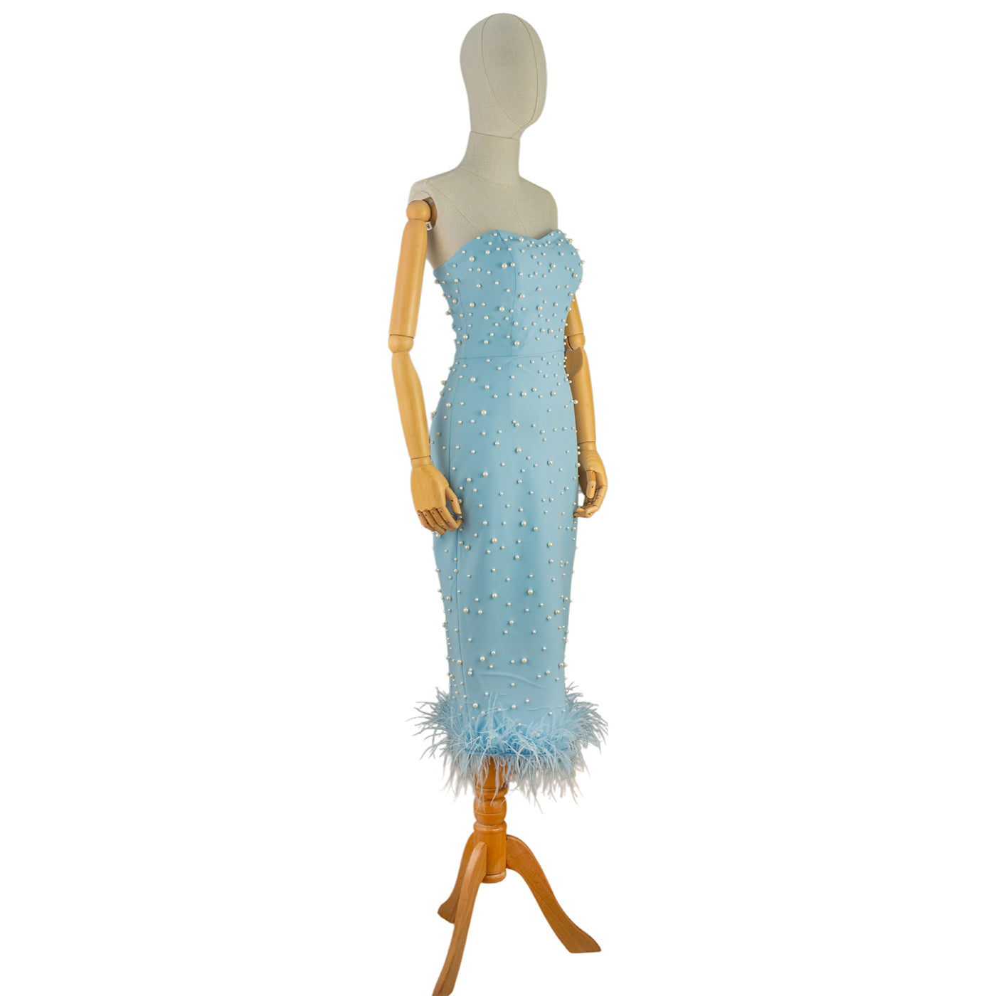 Sky Blue Strapless Midi Dress with Pearls and Feathers