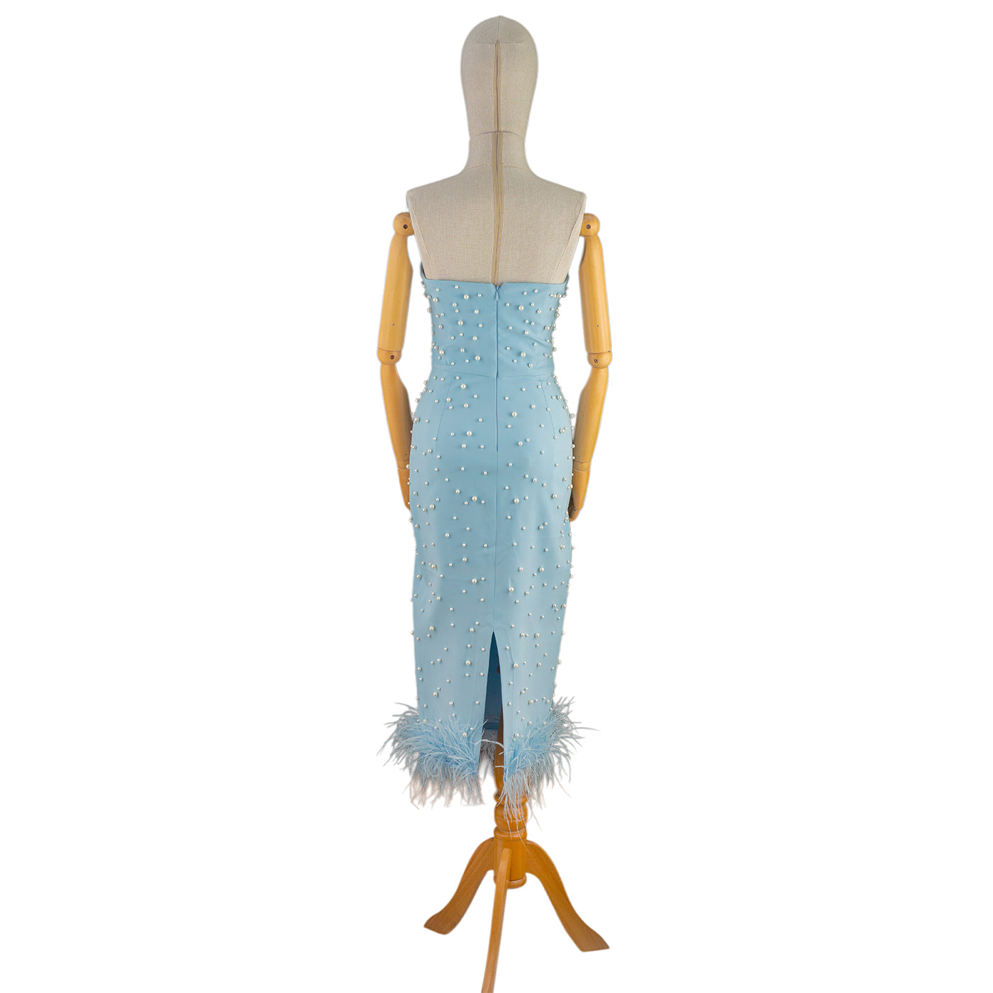 Sky Blue Strapless Midi Dress with Pearls and Feathers