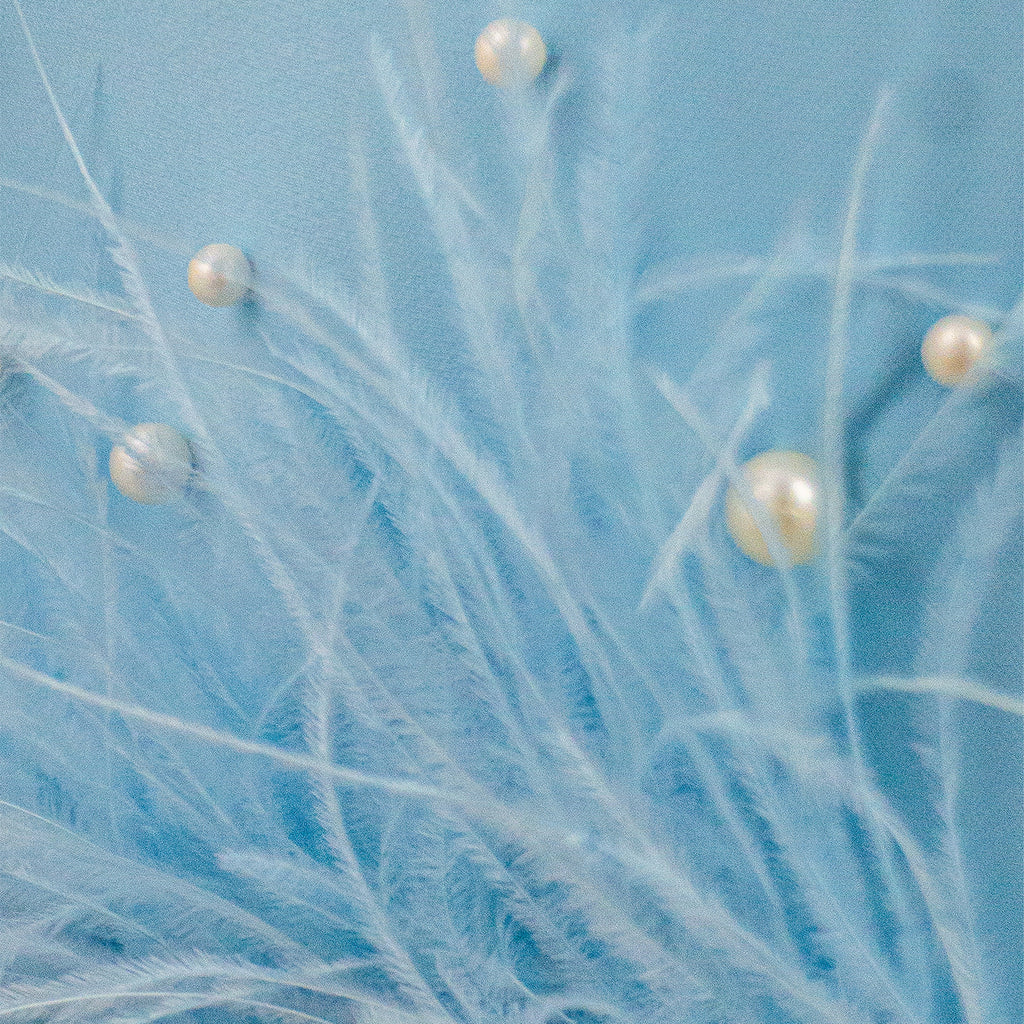 Sky Blue Strapless Midi Dress with Pearls and Feathers