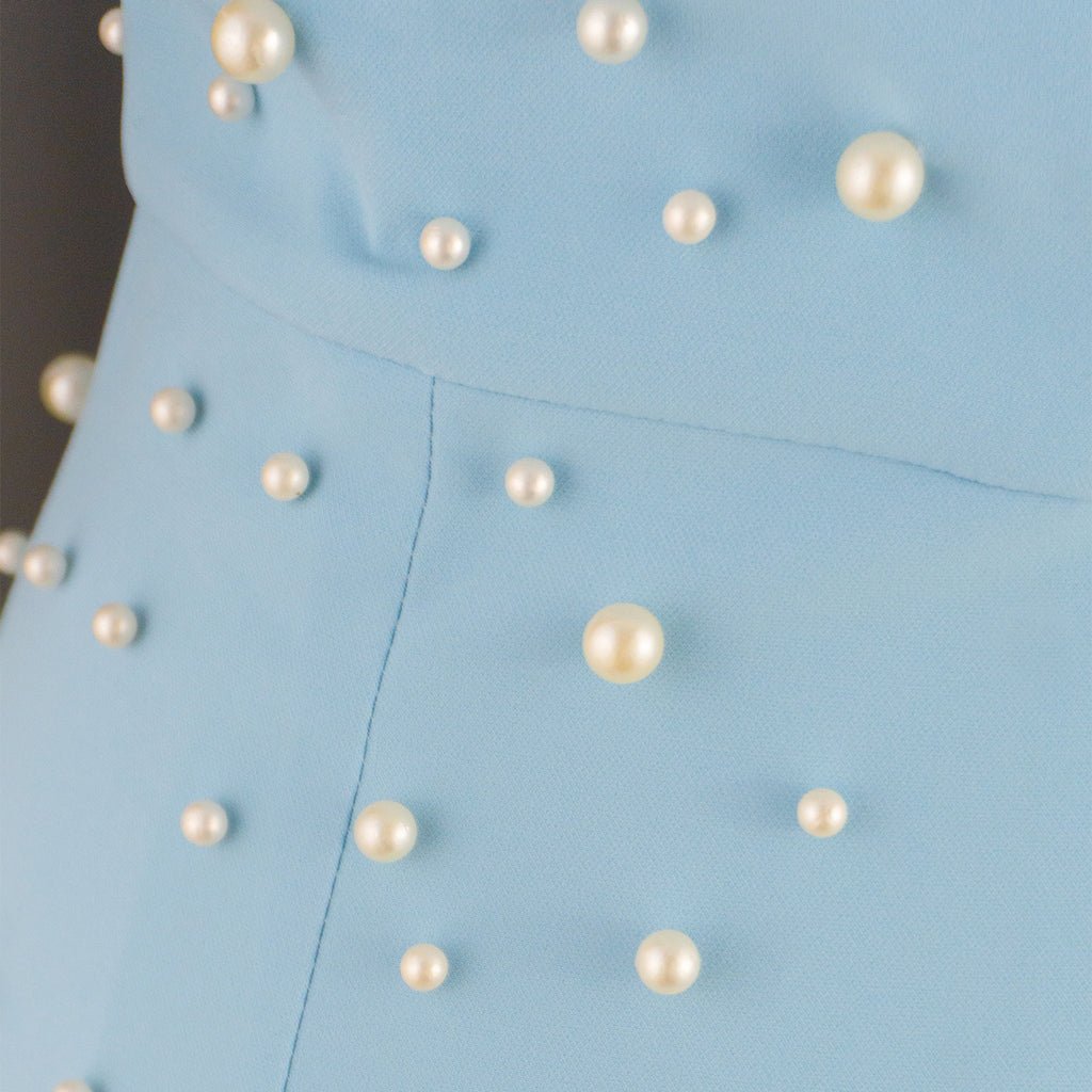 Sky Blue Strapless Midi Dress with Pearls and Feathers