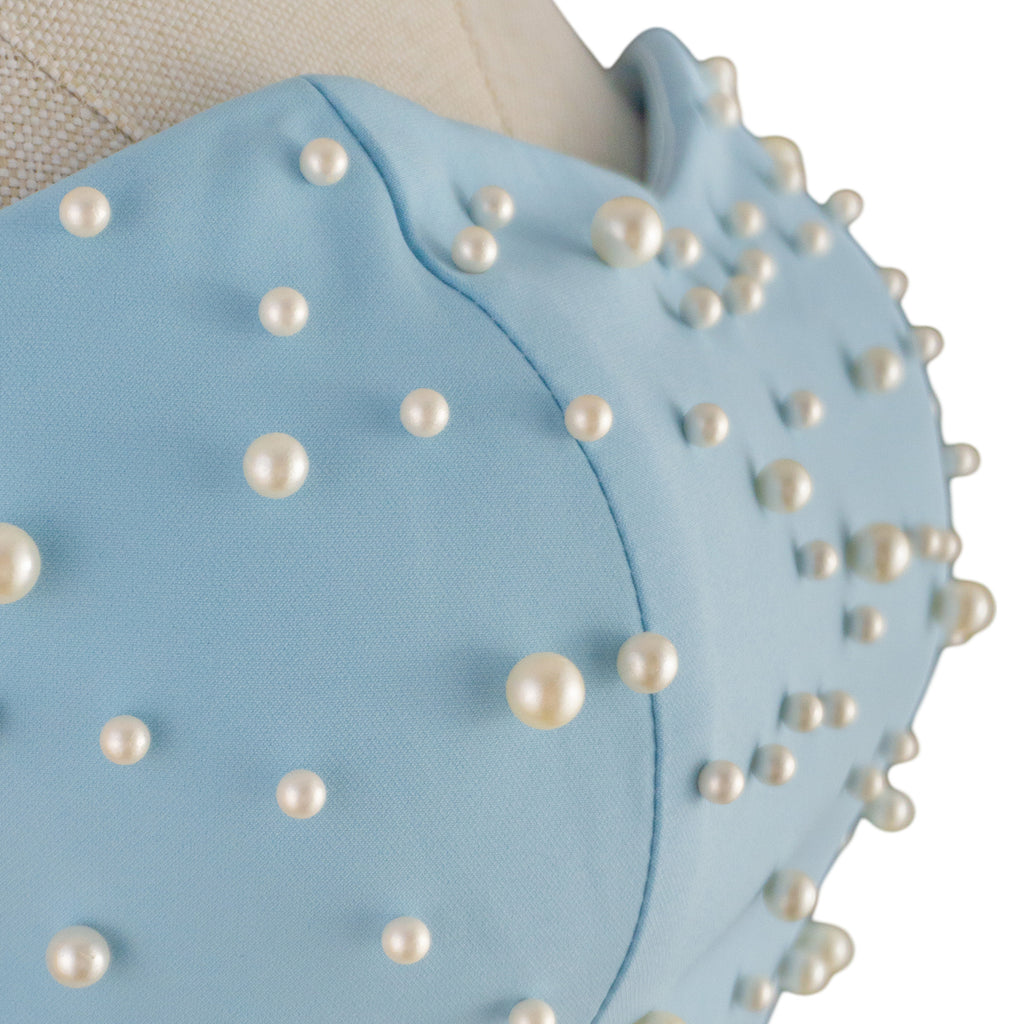 Sky Blue Strapless Midi Dress with Pearls and Feathers