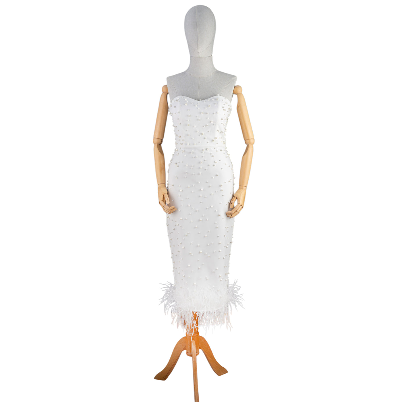 White Strapless Midi Dress with Pearls and Feather Hem
