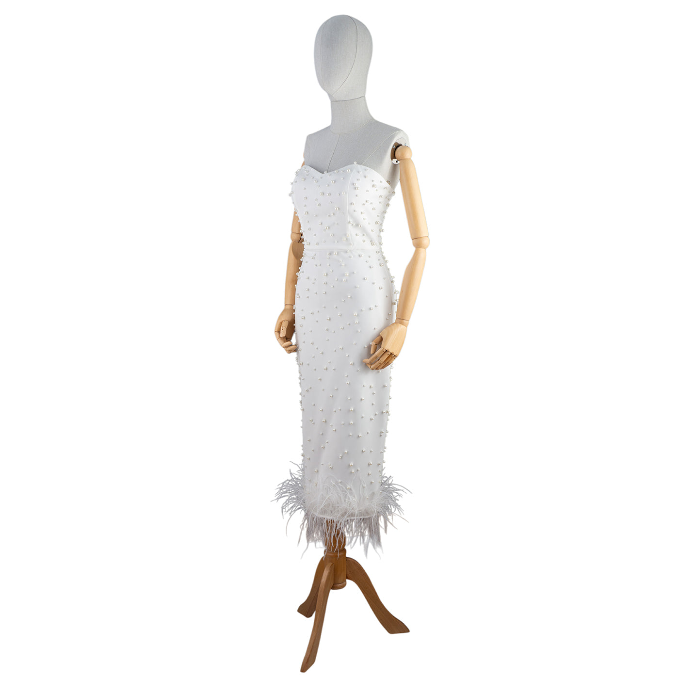 White Strapless Midi Dress with Pearls and Feather Hem