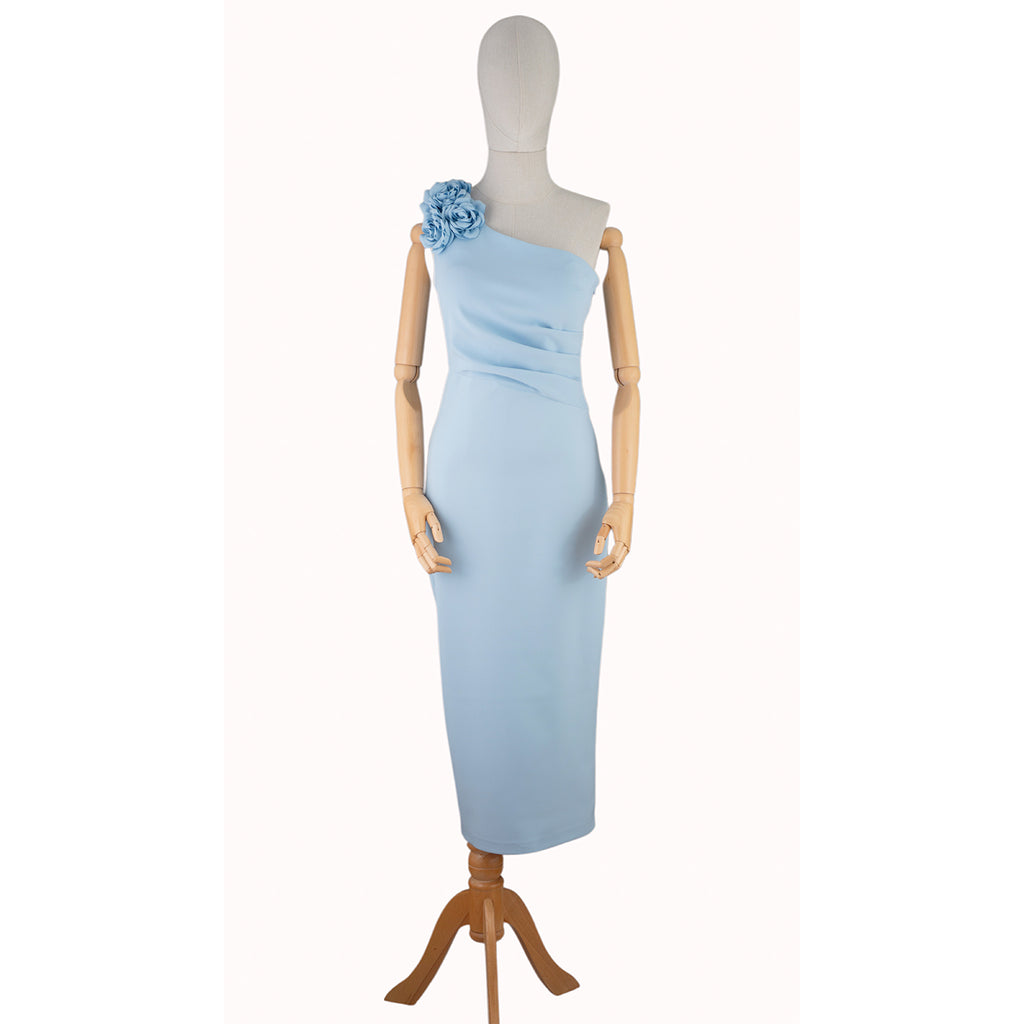 One-Shoulder Light Blue Dress with Floral Detail