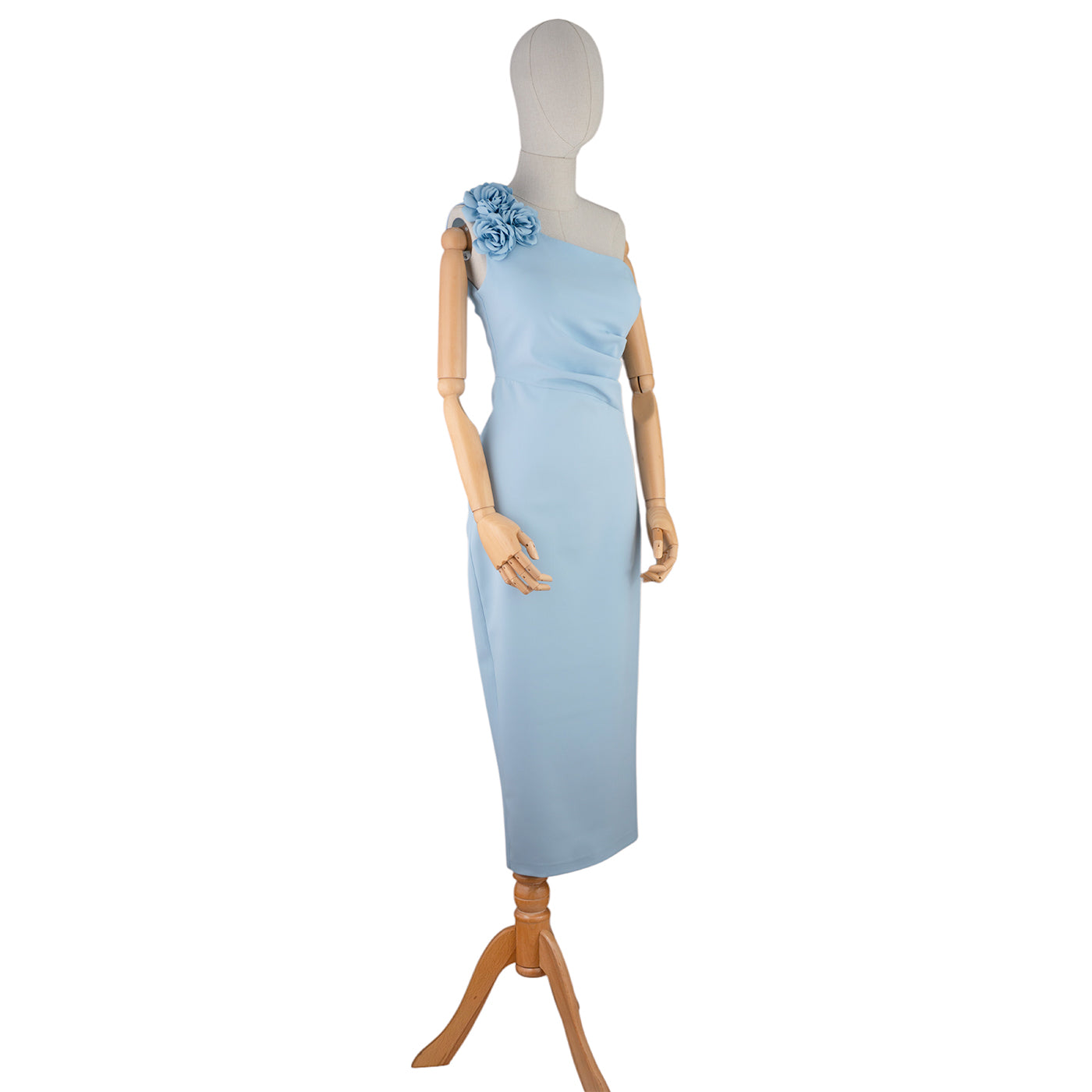 One-Shoulder Light Blue Dress with Floral Detail