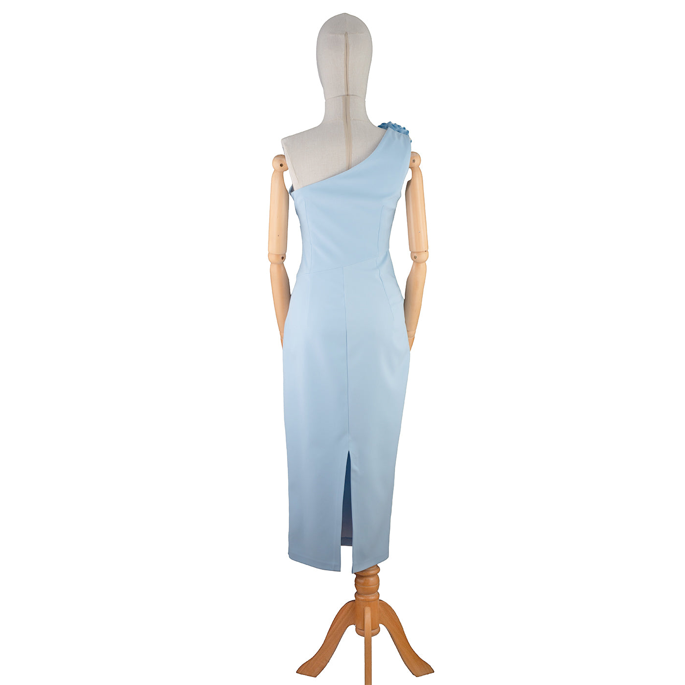 One-Shoulder Light Blue Dress with Floral Detail