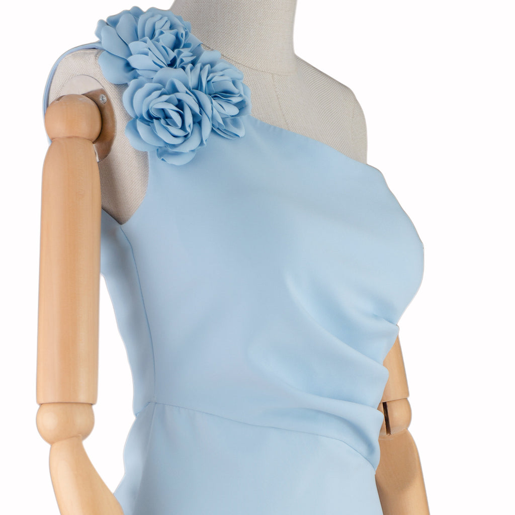 One-Shoulder Light Blue Dress with Floral Detail