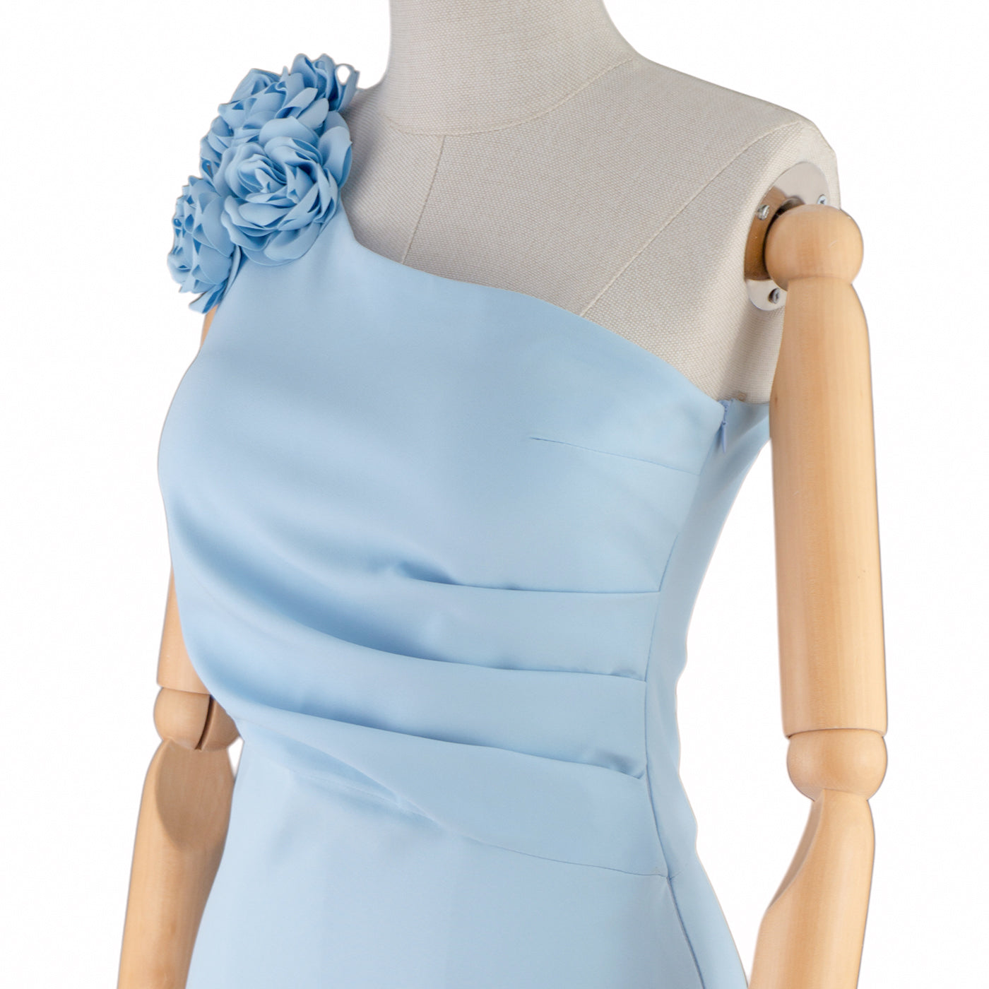 One-Shoulder Light Blue Dress with Floral Detail