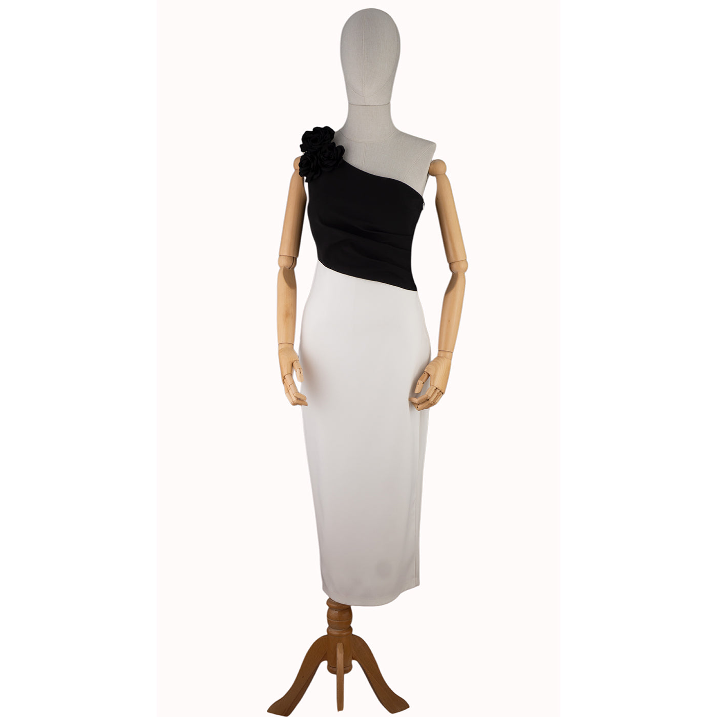 Black & White One-Shoulder Dress with Floral Accent