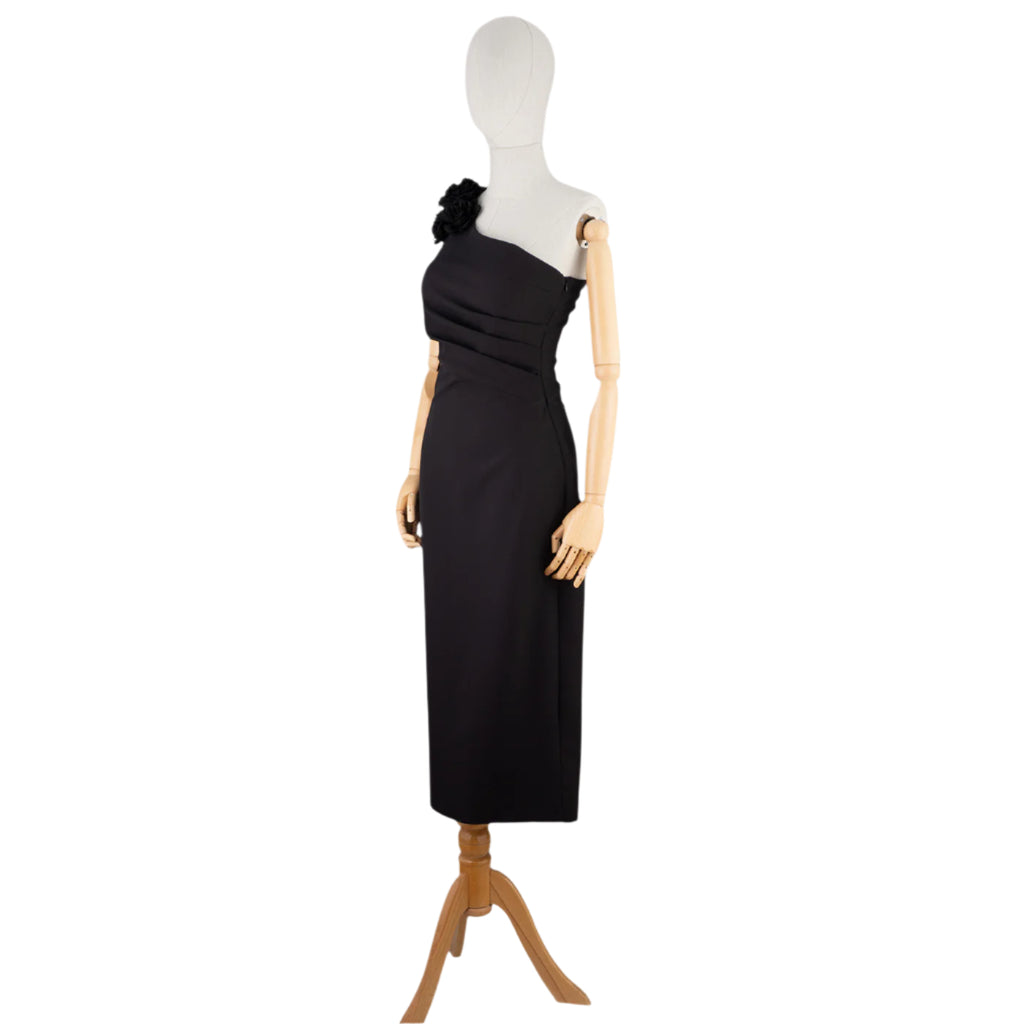 Black One-Shoulder Midi Dress with Floral Accent