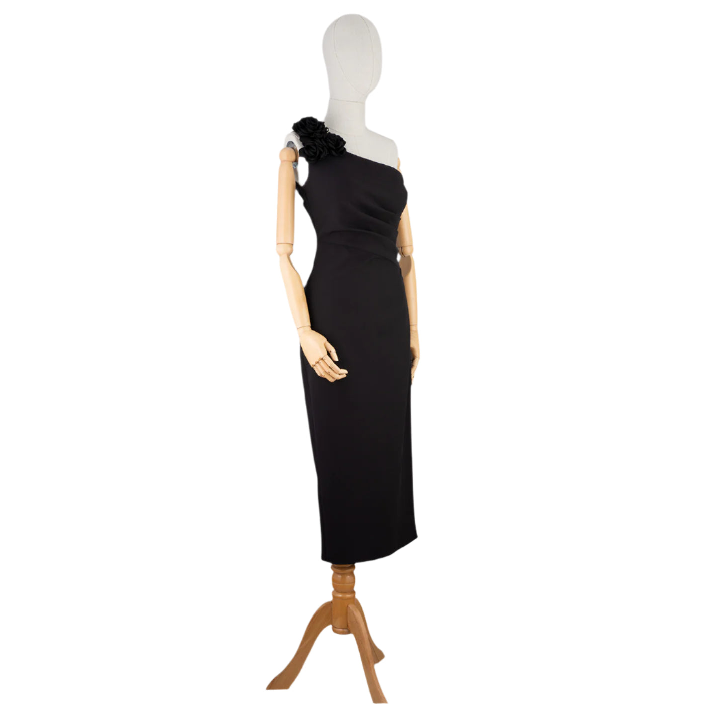 Black One-Shoulder Midi Dress with Floral Accent