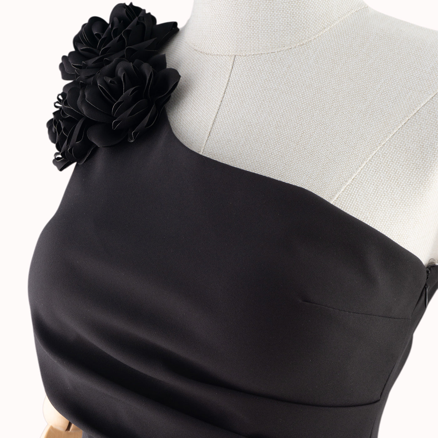 Black One-Shoulder Midi Dress with Floral Accent