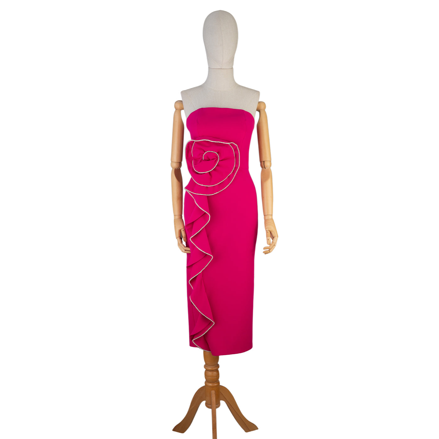Strapless Fuchsia Dress with Spiral &amp; Ruffle Detail