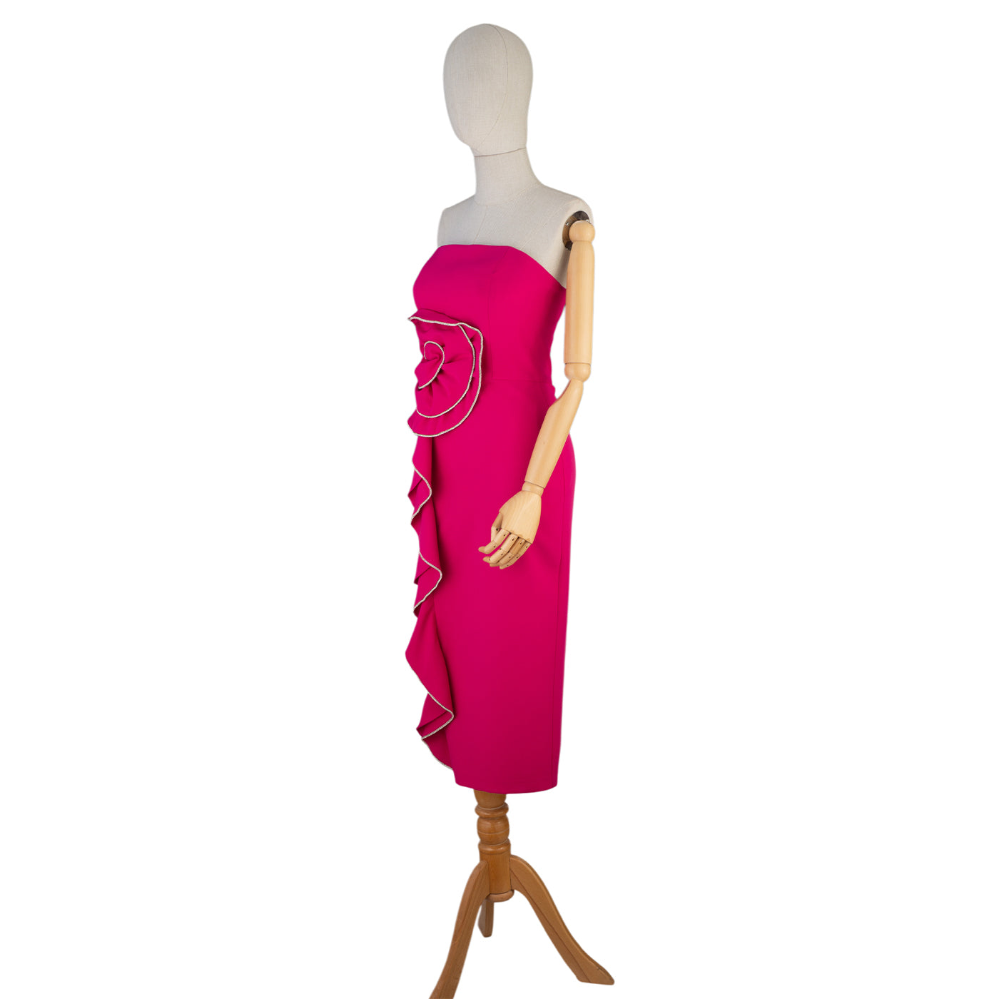 Strapless Fuchsia Dress with Spiral &amp; Ruffle Detail