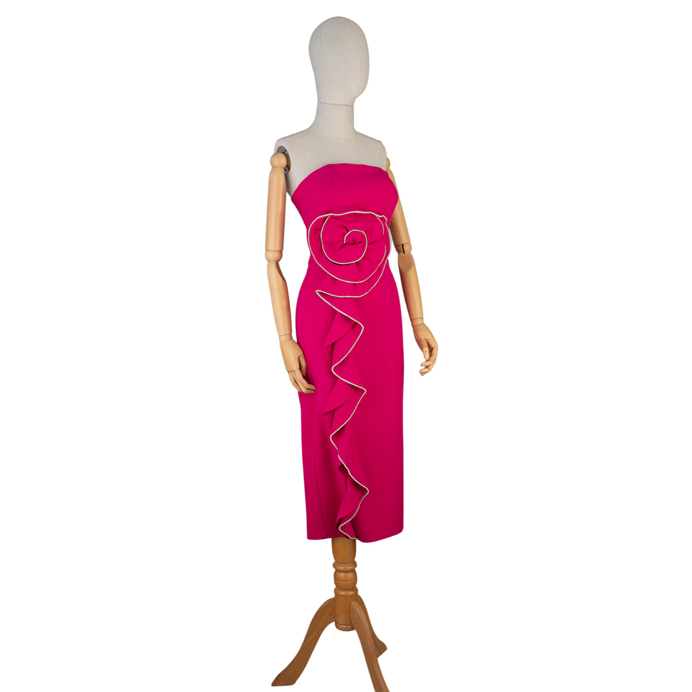 Strapless Fuchsia Dress with Spiral & Ruffle Detail