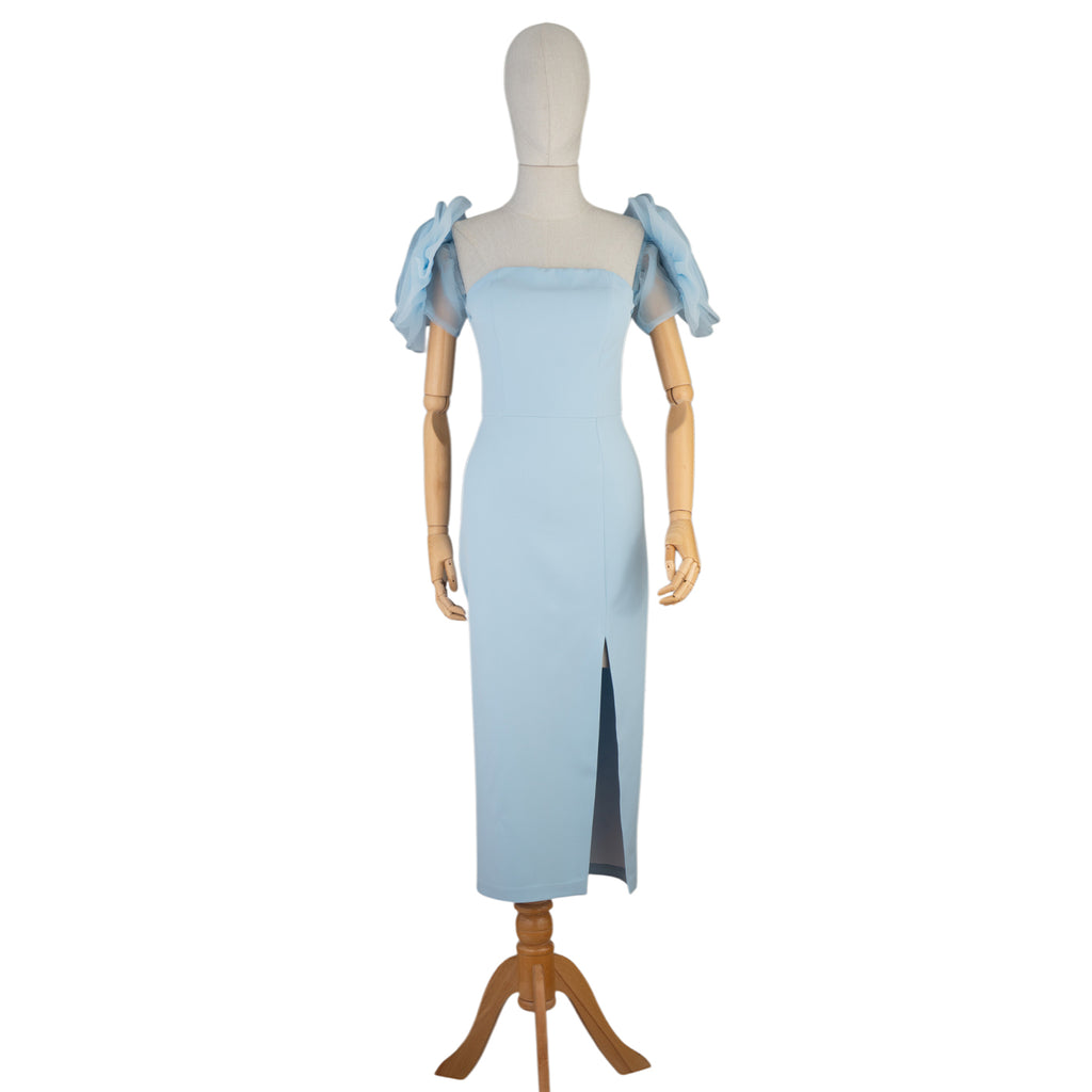 Light Blue Dress with Puffy Sleeves and Front Slit